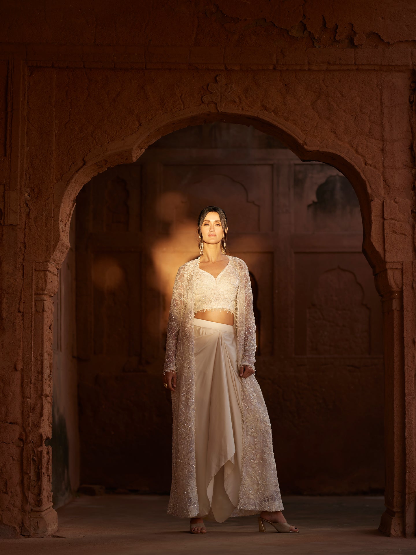 Ivory Indo-Western in Lycra Net with Pearls & Sequence embroidery