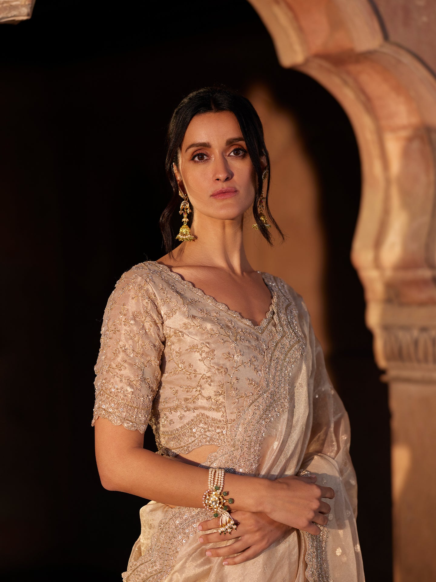 Ivory Gold Saree in Pure Tissue Silk with Zardozi & Katdana Work