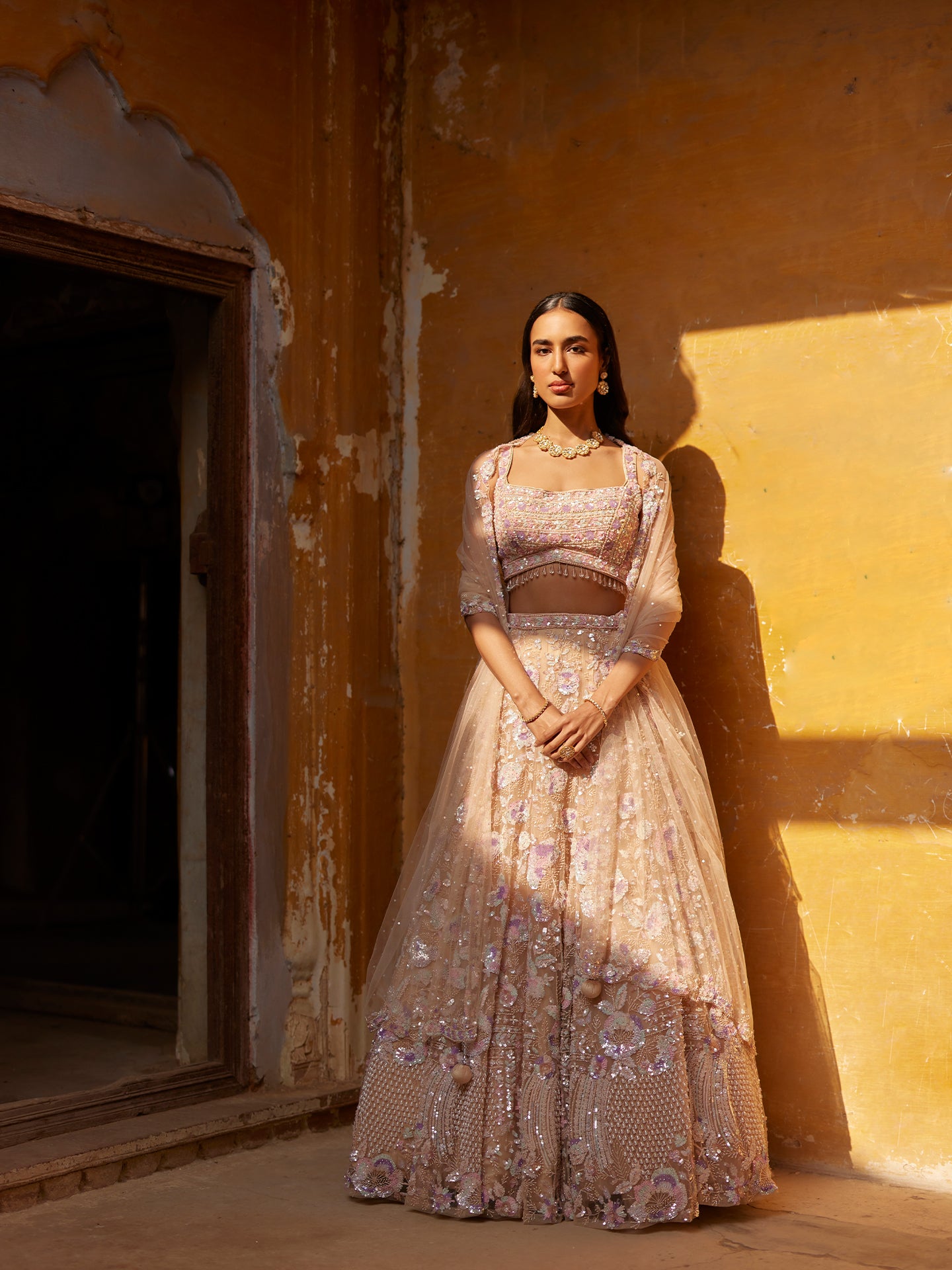 Ivory lehenga in net with Pearls Embriodery & Sequence Jaal