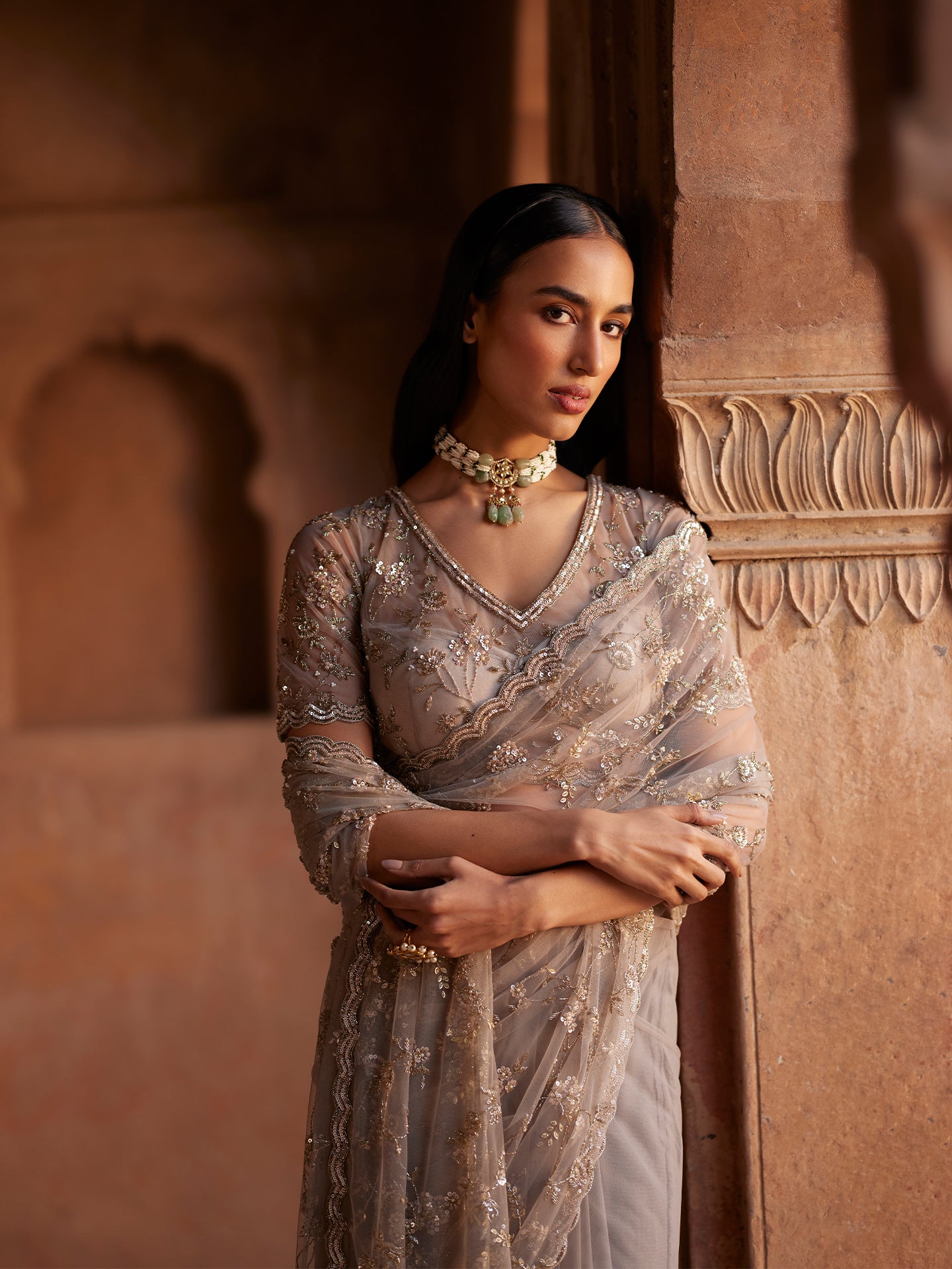 Grey Mauve tone Saree in Lycra Net with Katdana & Sequence Cutwork Border Embroidery