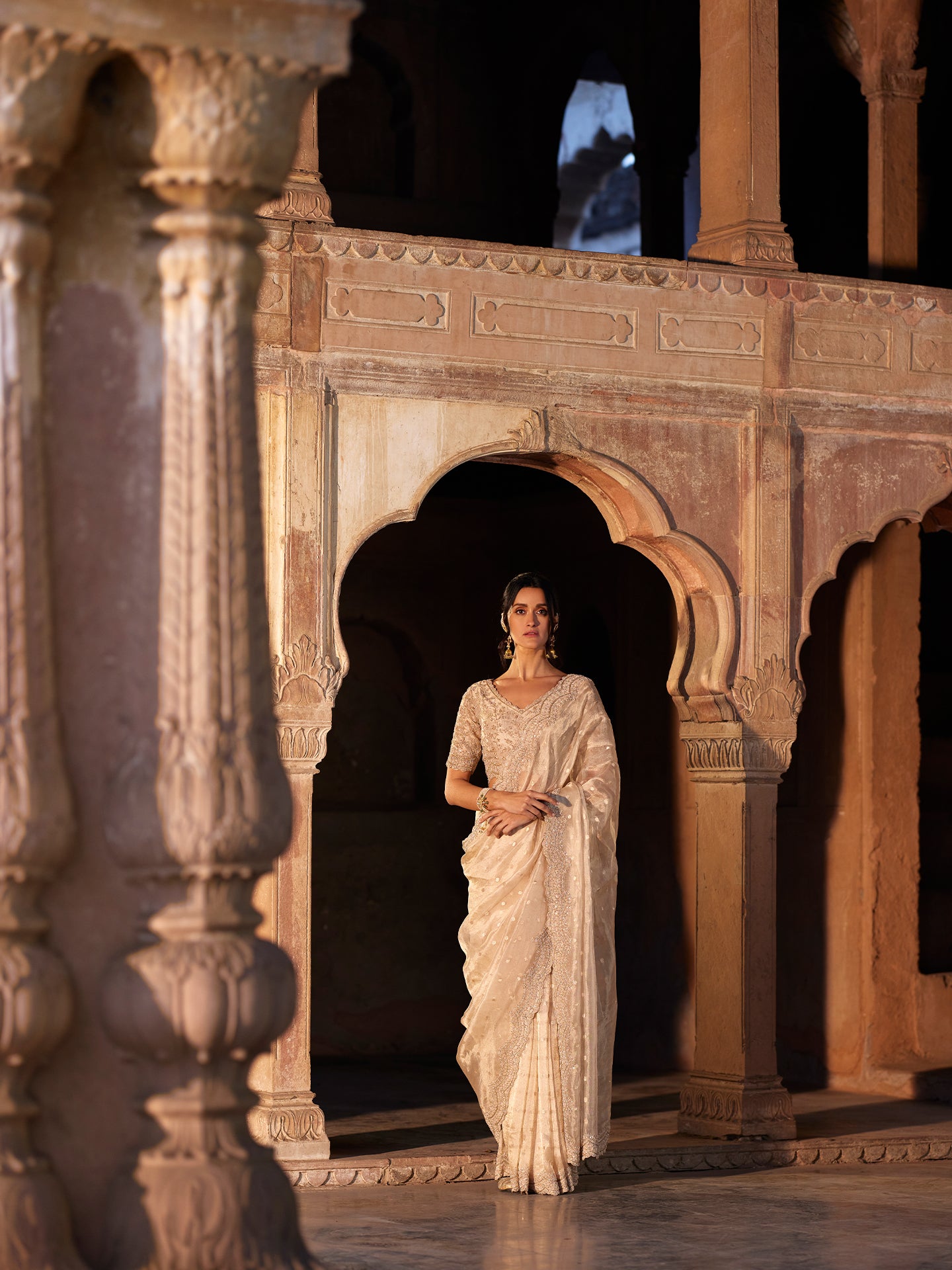 Ivory Gold Saree in Pure Tissue Silk with Zardozi & Katdana Work