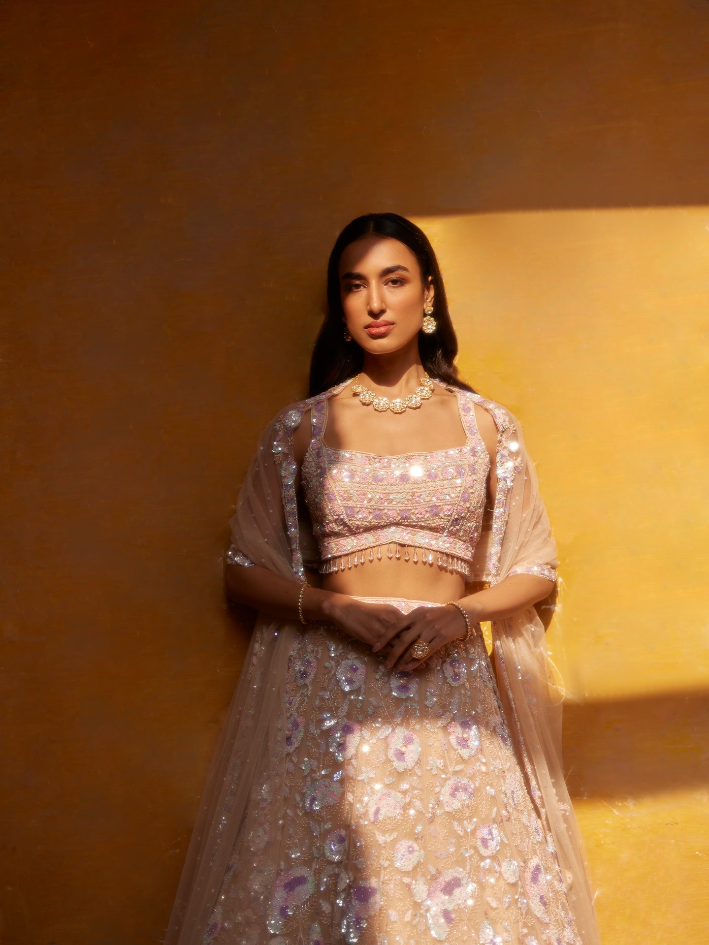 Ivory lehenga in net with Pearls Embriodery & Sequence Jaal