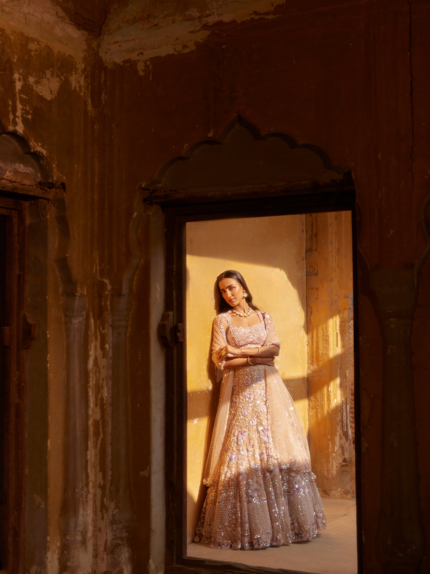 Ivory lehenga in net with Pearls Embriodery & Sequence Jaal