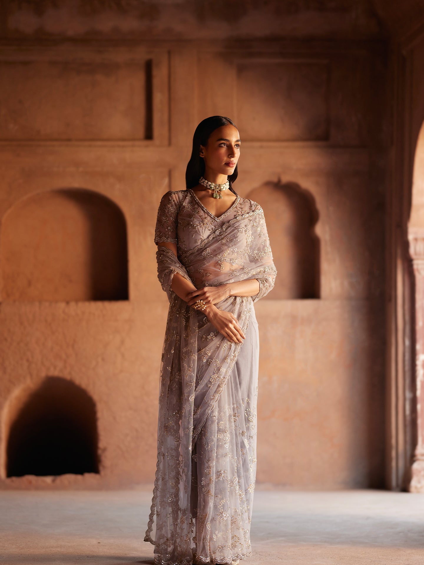 Grey Mauve tone Saree in Lycra Net with Katdana & Sequence Cutwork Border Embroidery