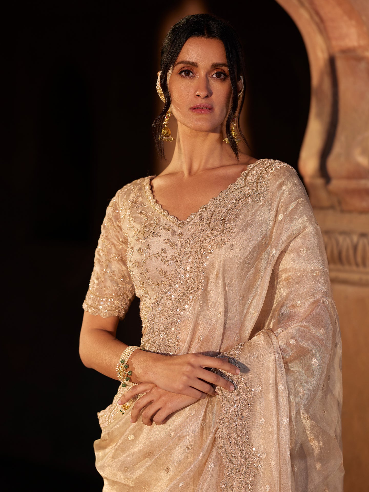 Ivory Gold Saree in Pure Tissue Silk with Zardozi & Katdana Work