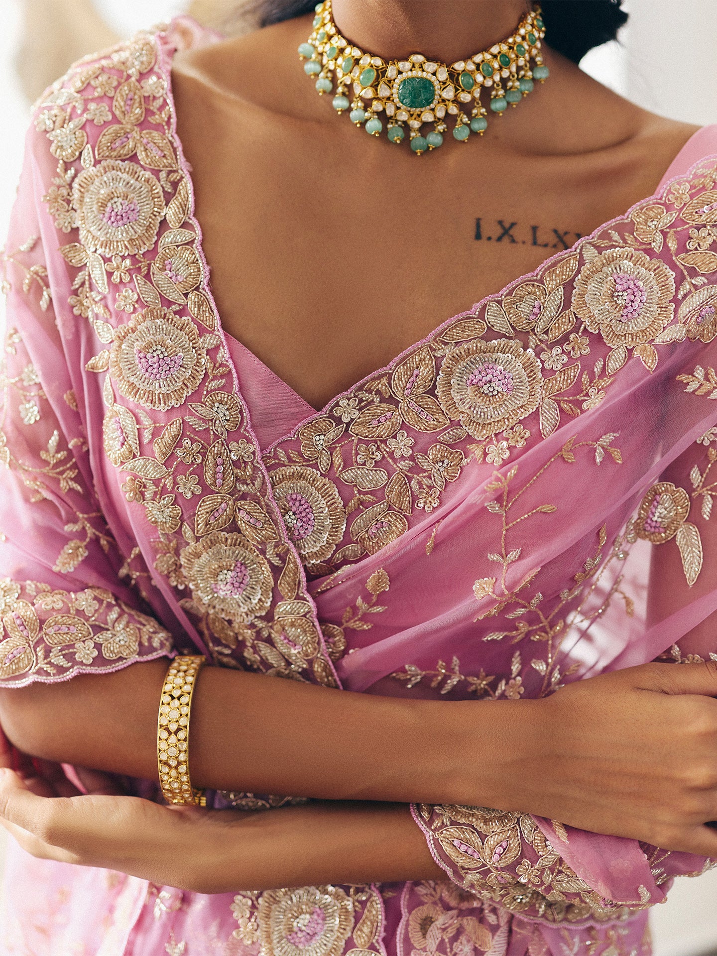 Mauve Organza Saree with Dabka, Resham, Cutdana, and Sequin Work