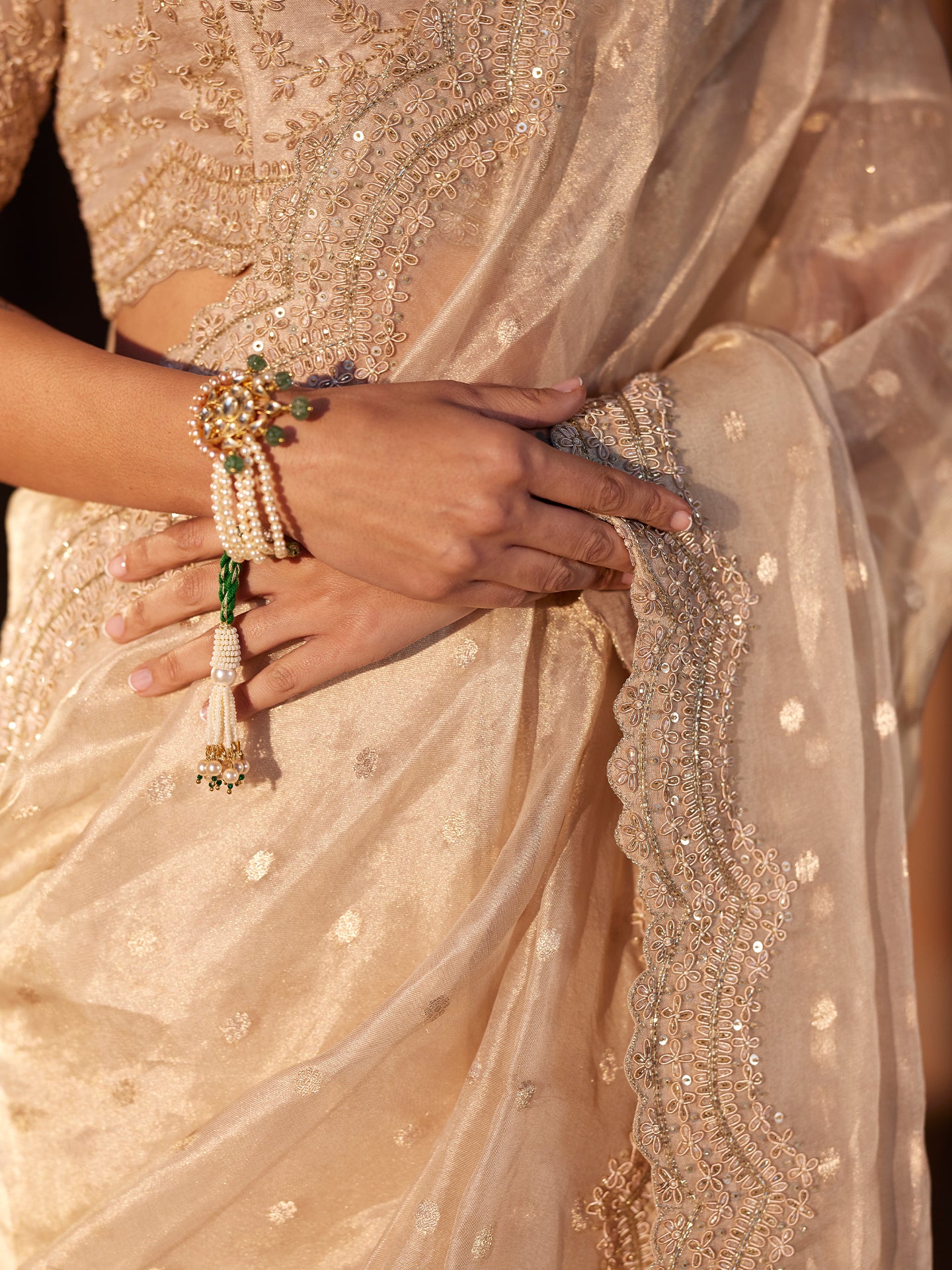 Ivory Gold Saree in Pure Tissue Silk with Zardozi & Katdana Work