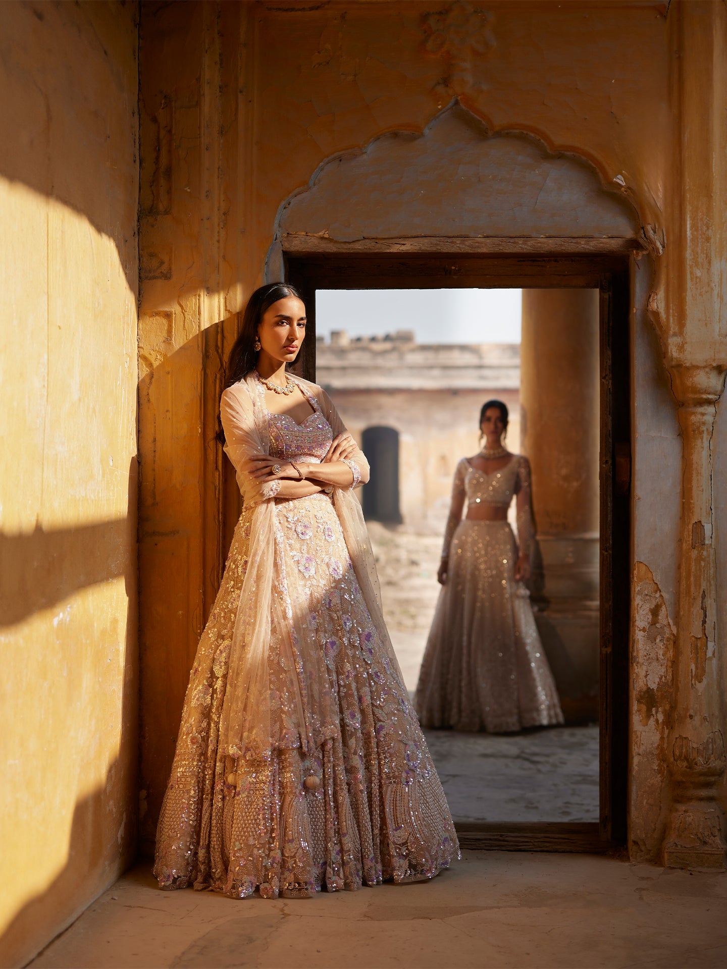 Ivory lehenga in net with Pearls Embriodery & Sequence Jaal