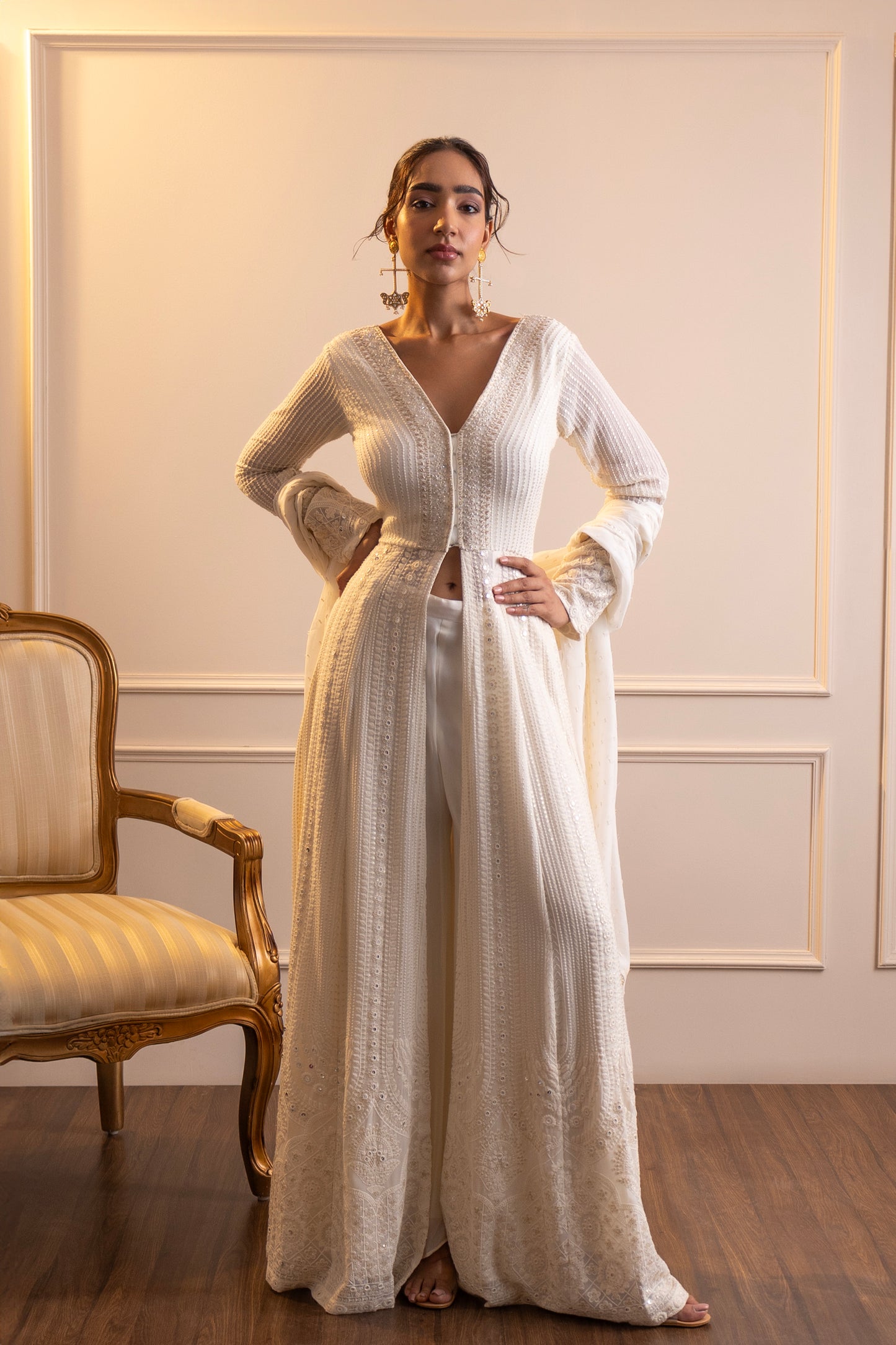 Elegant Chikankari Sharara with Long Jacket – Embroidered Designer Set