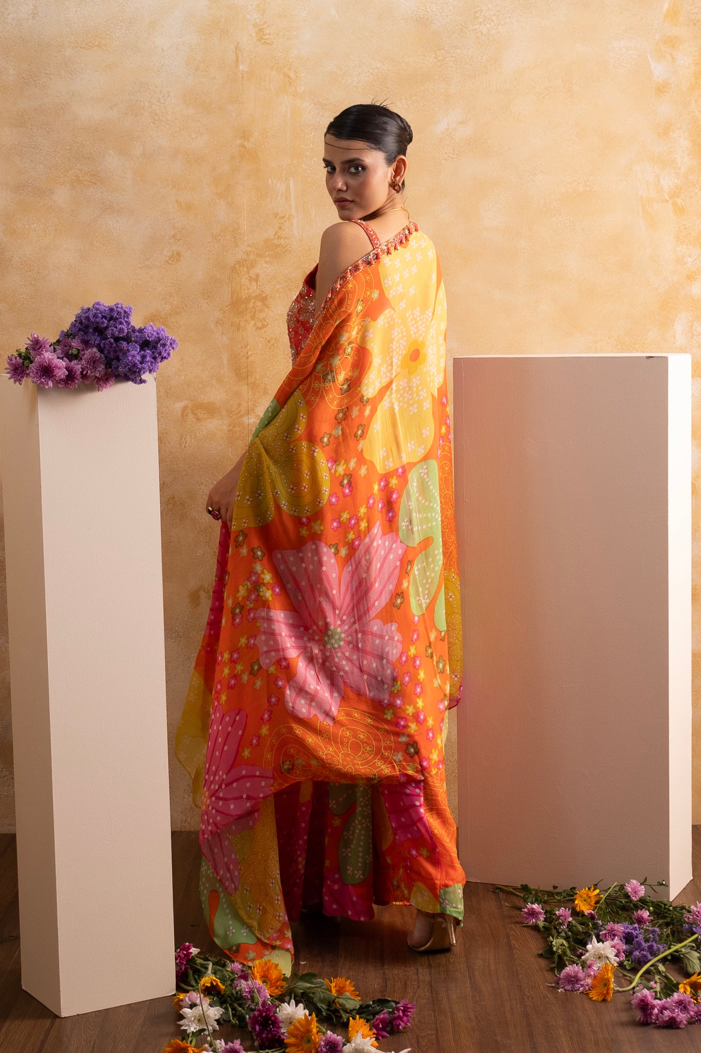 Digital Print Crepe Crop Top and Cape with Hand Embroidery