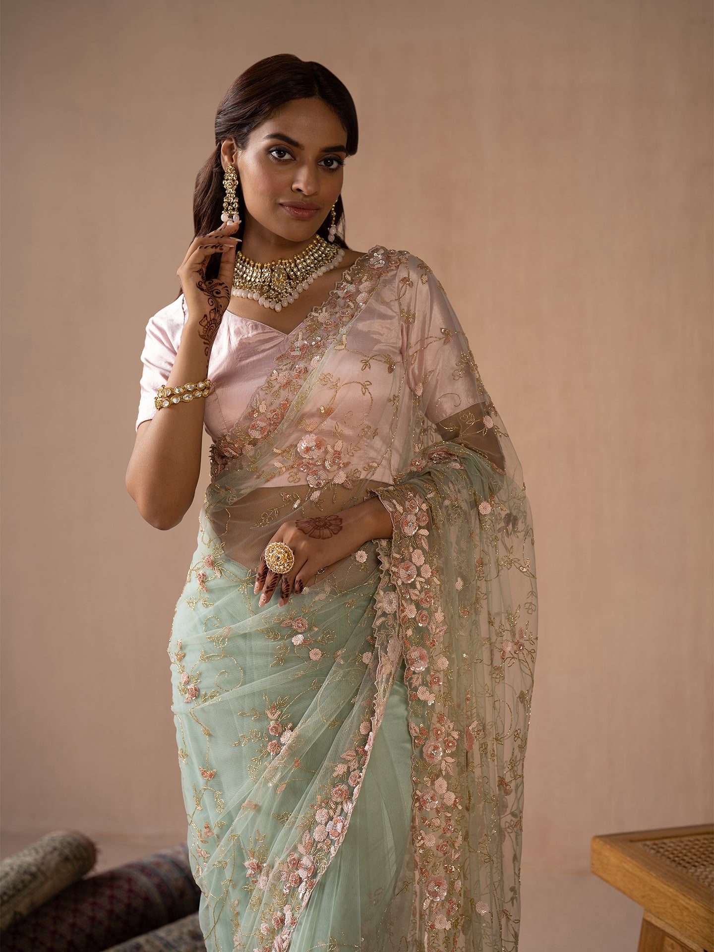 Dreamy sky blue saree in net with nakshi & sequin work .