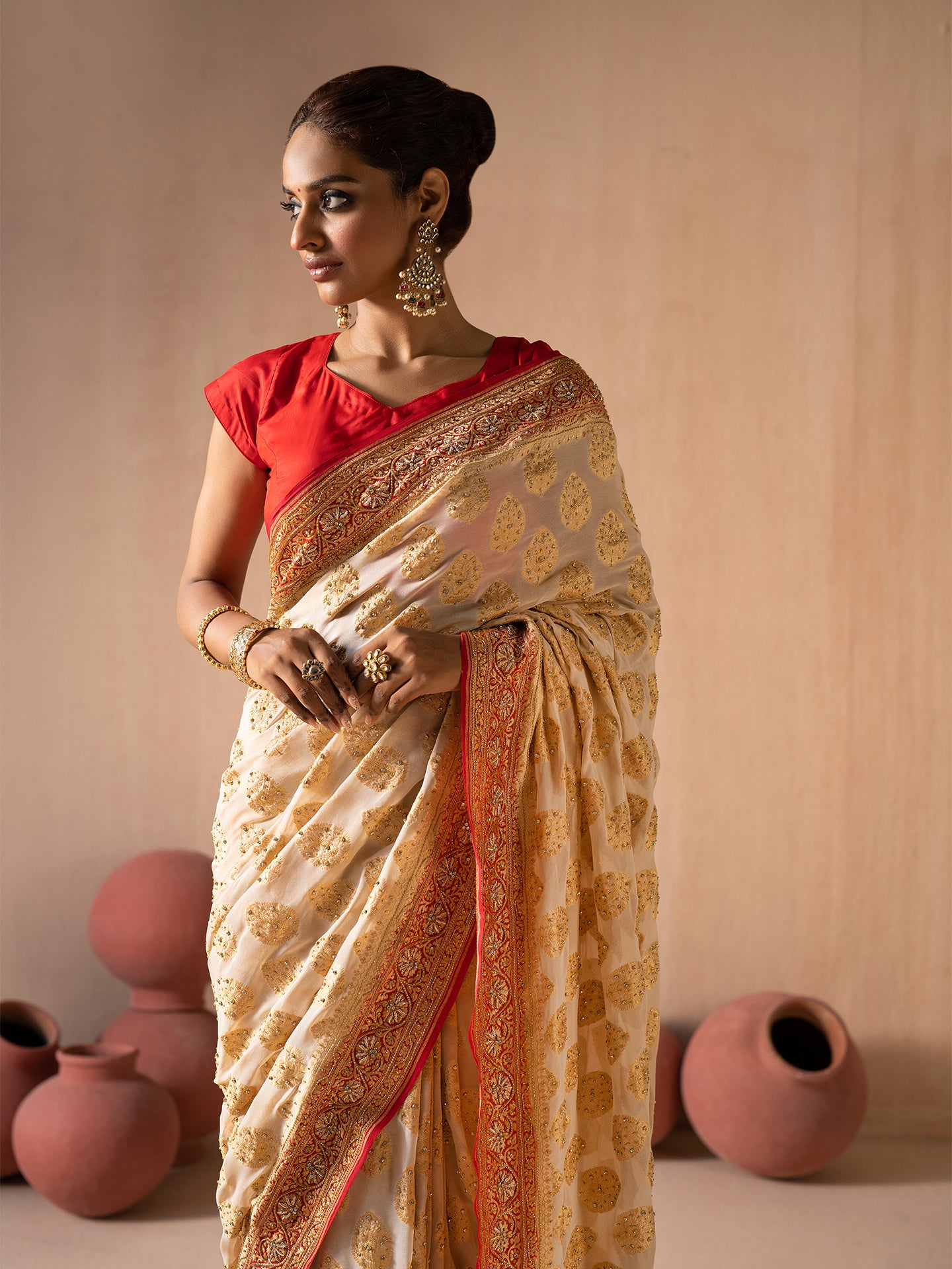 Luxurious dabka hand work saree in pure khaddi mysore georgette