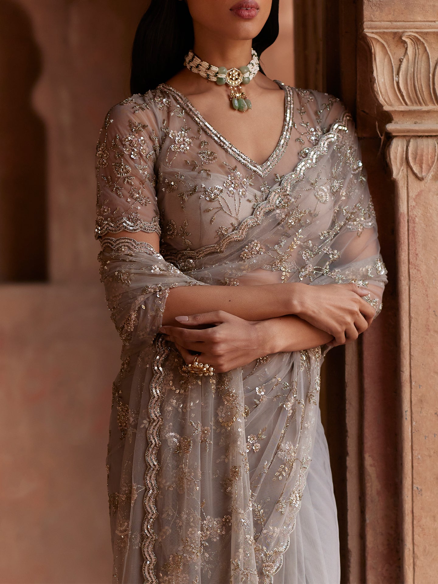Grey Mauve tone Saree in Lycra Net with Katdana & Sequence Cutwork Border Embroidery
