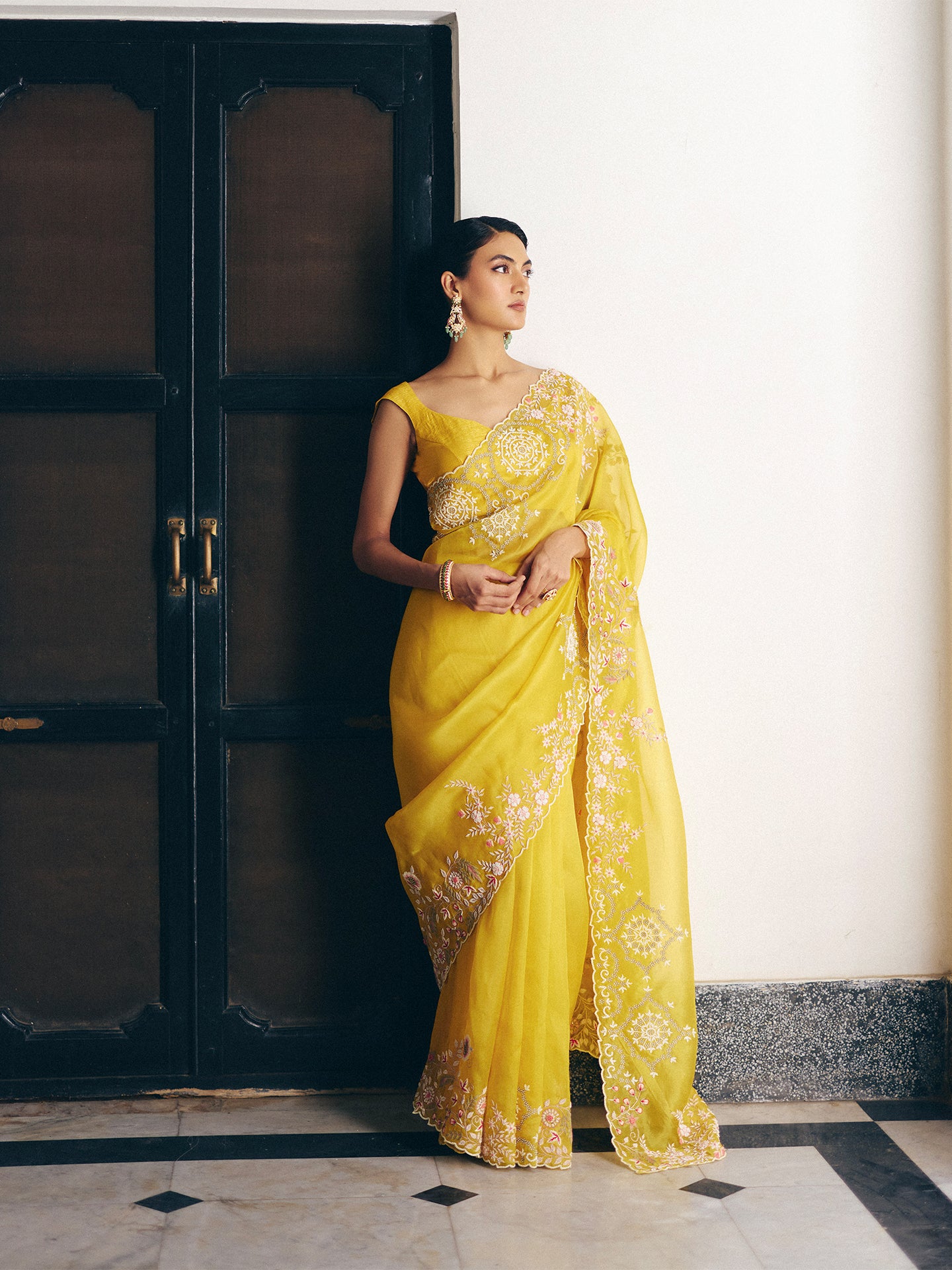 Yellow Organza Saree with Resham and Dabka Embellishments