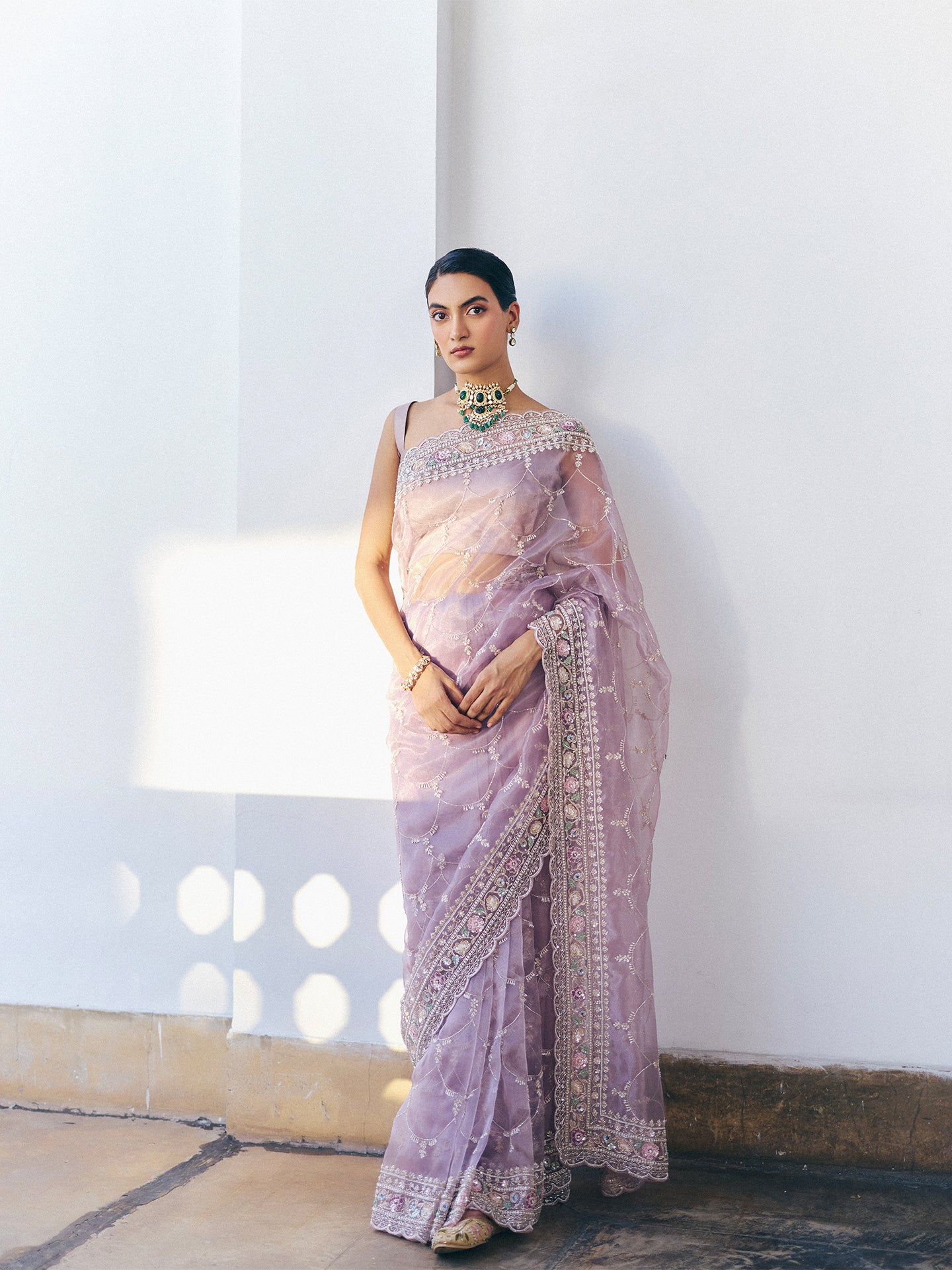 Light Mauve Organza Saree with Sequence, Cutdana, and Pearl Work