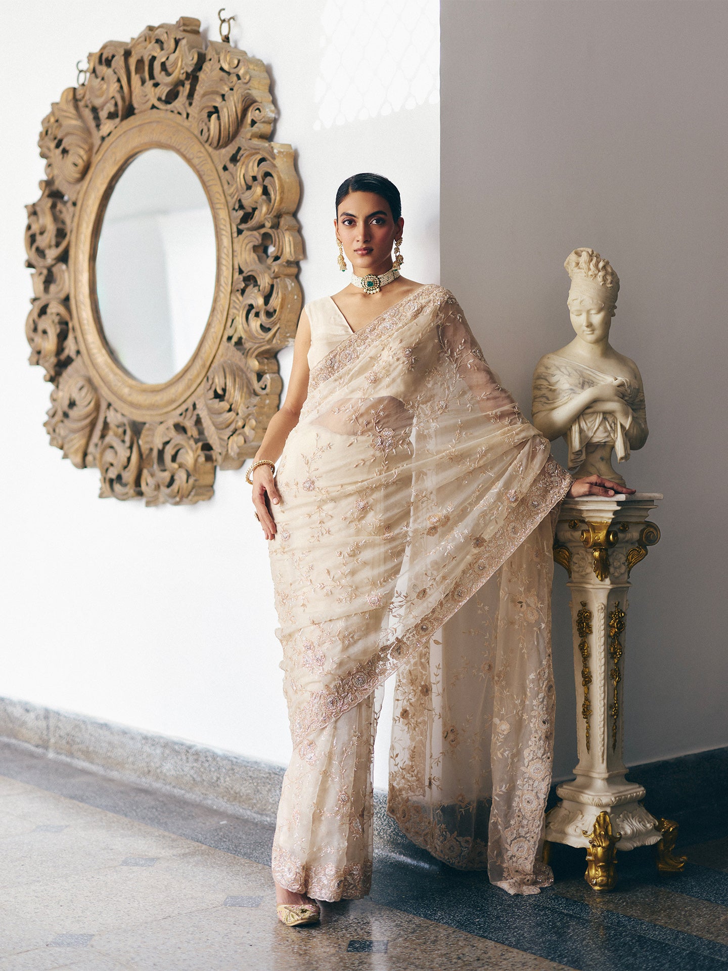 Beige Organza Saree with Dabka, Resham, and Sequin Work