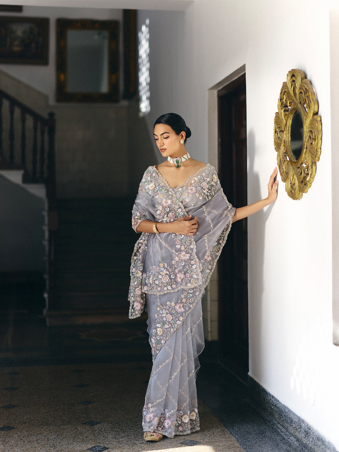 Mauve Organza Saree with Dabka, Sequins, Cutdana, and Pearl Embellishments