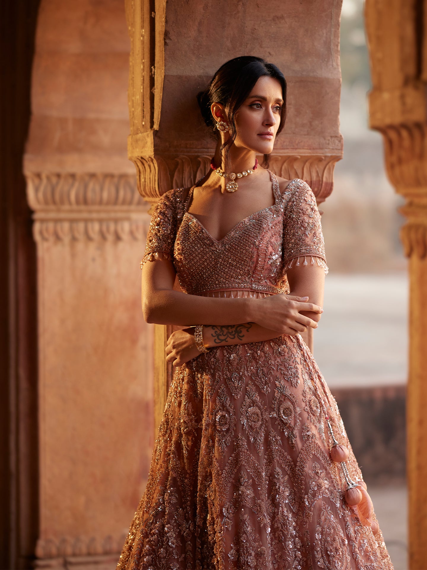 Rose gold Lehenga in net with Katdana & Sequence Jaal embroidery