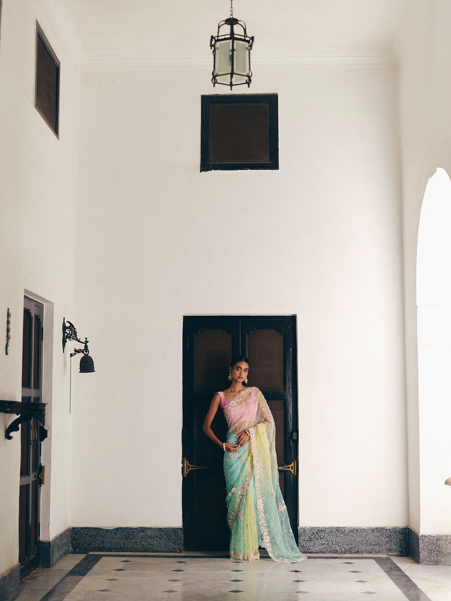 Green Organza Saree with Cutdana, Sequins, and Pearl Detailing