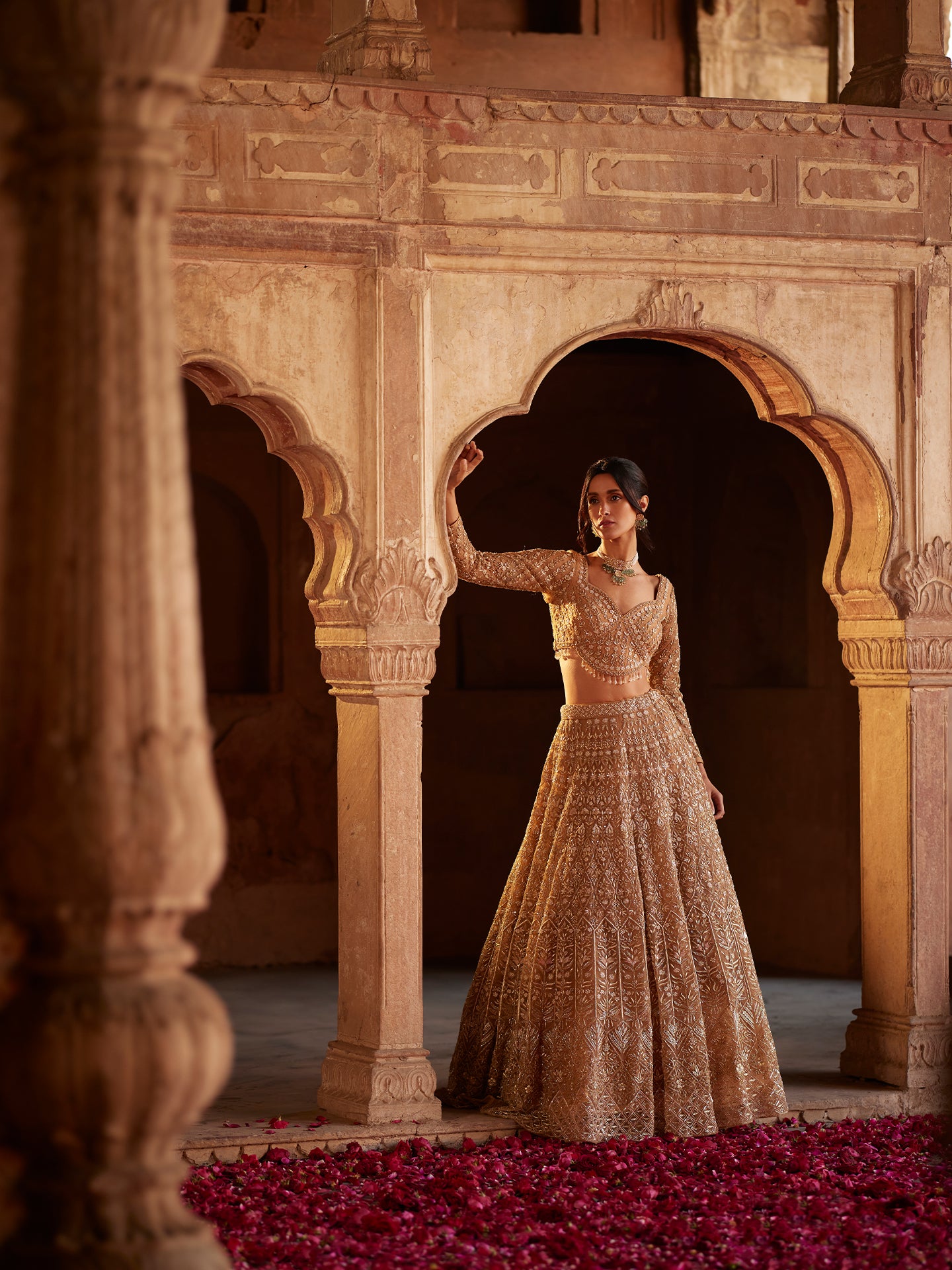 Brownish copper Lehenga in net with Katdana, Outing Dabka, and Pears full Hand Work embroidery