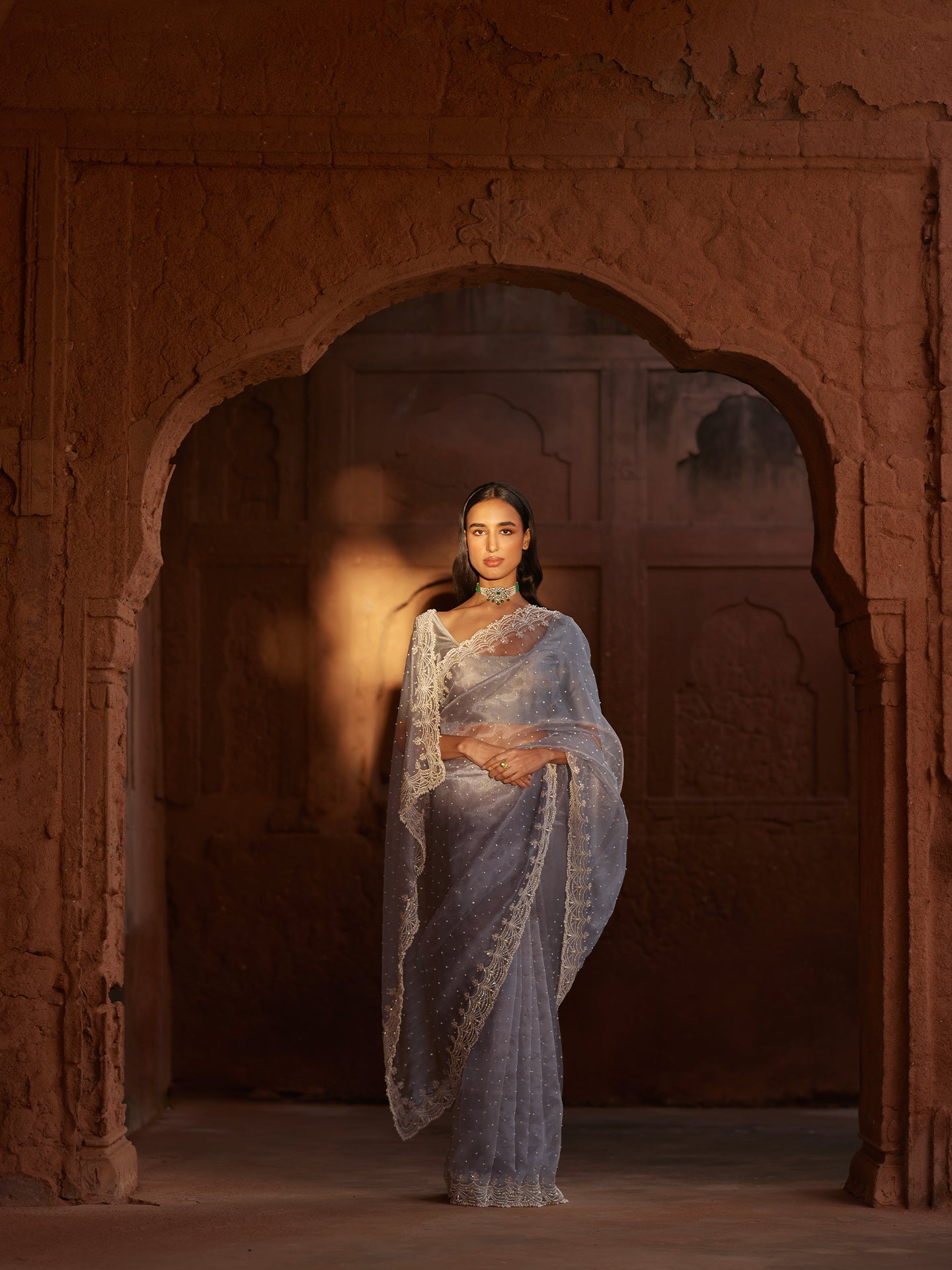 Grey Saree in Pure Tissue Silk With Pearls & Cutwork Border