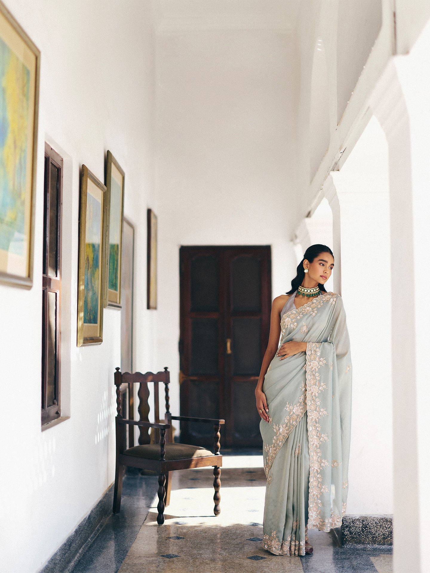 Sky Blue Tissue Silk Saree with Dabka, Cutdana, and Sequin Work