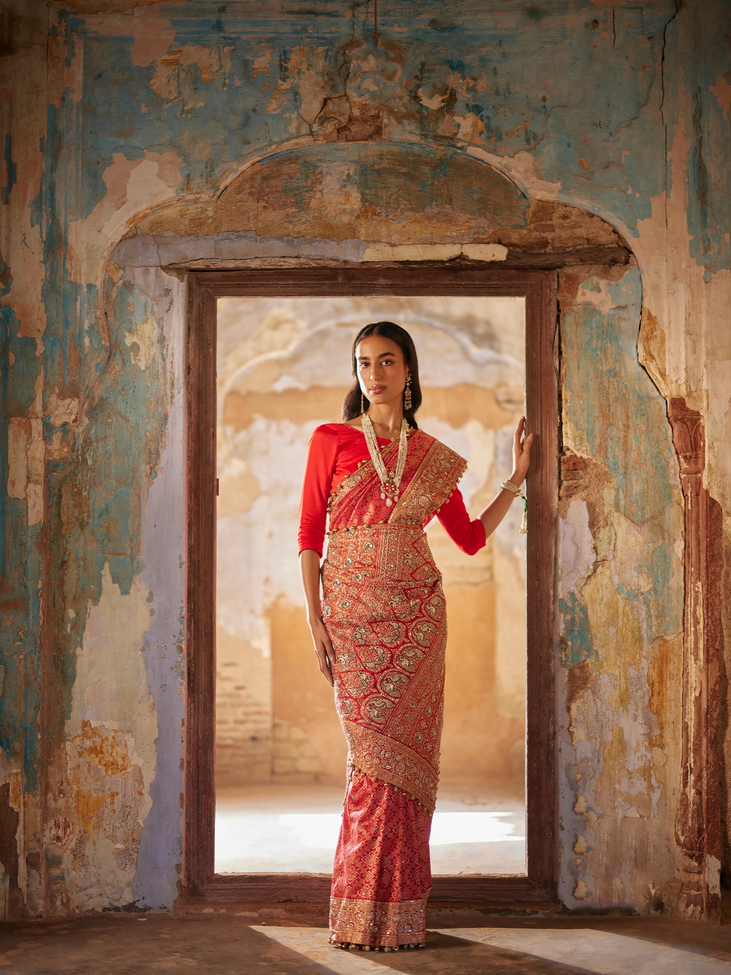 Red Saree in Kanjivaram Silk with Zardozi, Katdana & Sequence Work embroidery