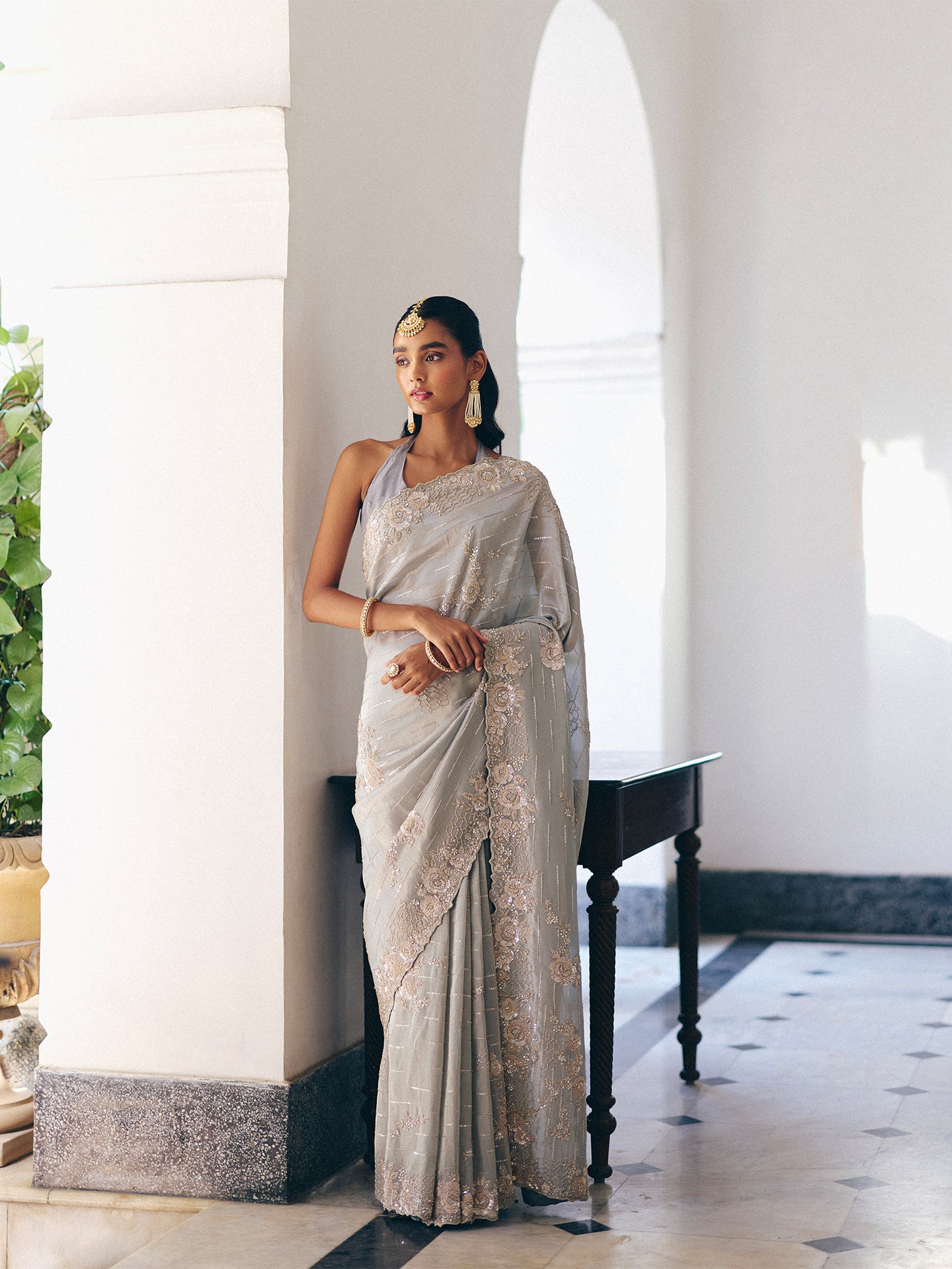 Grey Tissue Silk Saree with Intricate Dabka, Cutdana, Sequins, and Zarkan Work