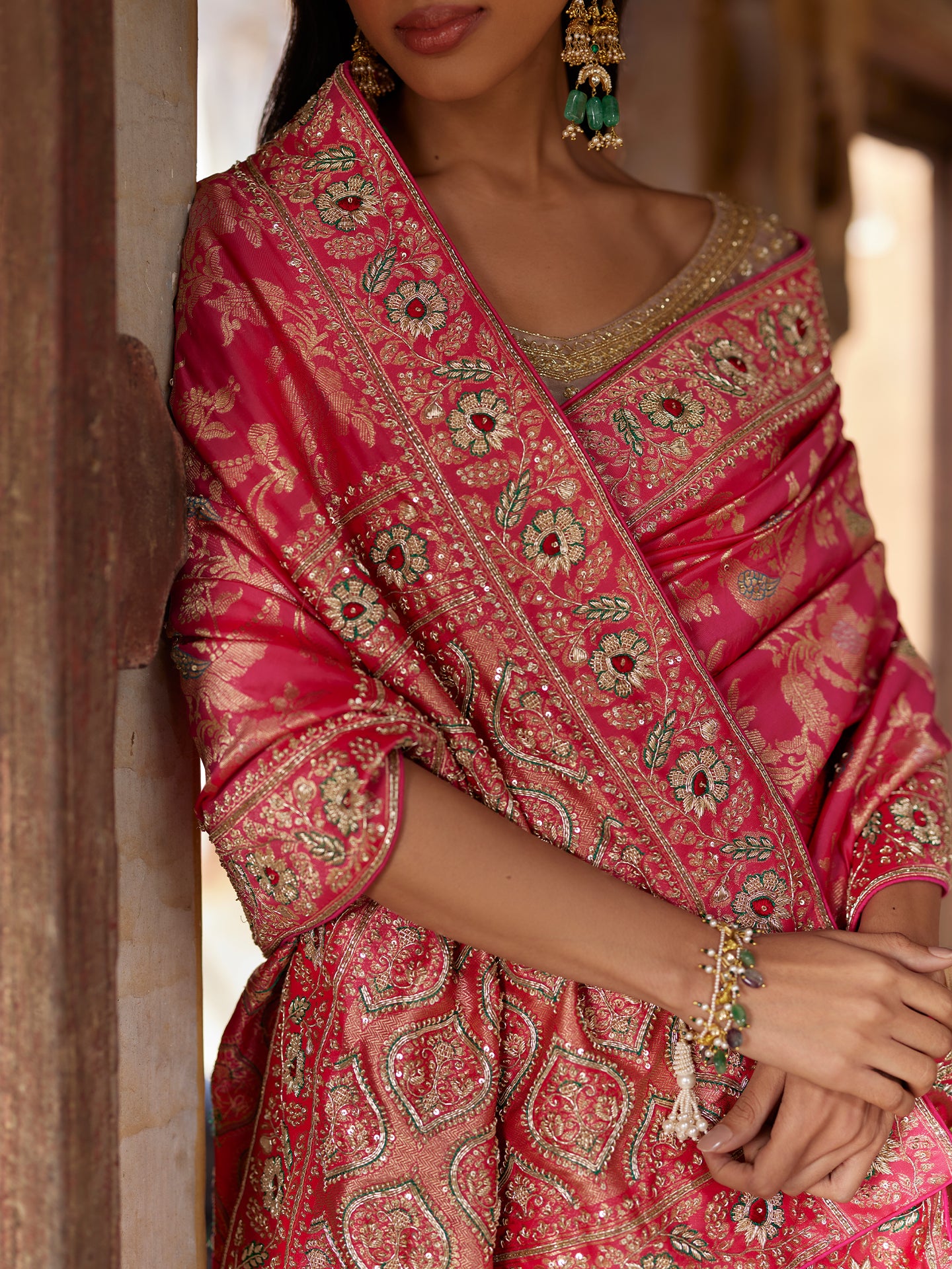 Mazanta Pink Saree in Banarsi Silk with Dabka & Sequence Work embroidery