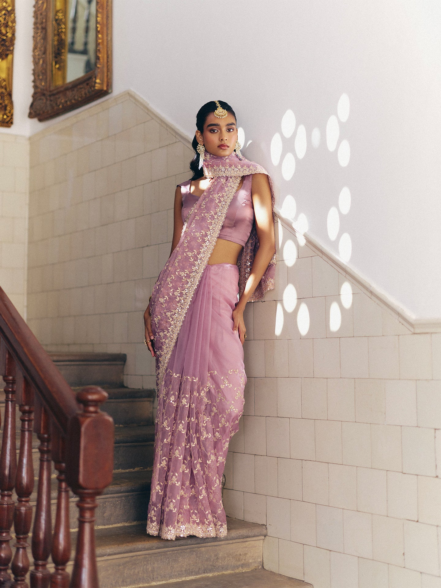 Onion Pink Organza Saree with Dabka Gotta Mirror and Pearl Detailing