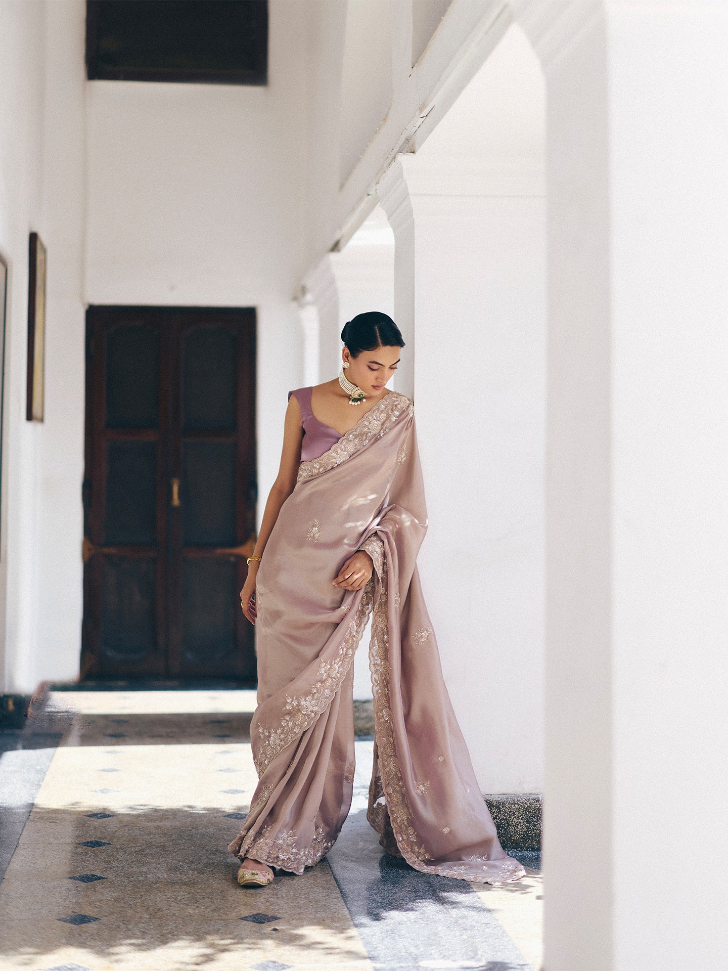 Light Mauve Tissue Saree with Dabka, Sequins, and Cutdana Work