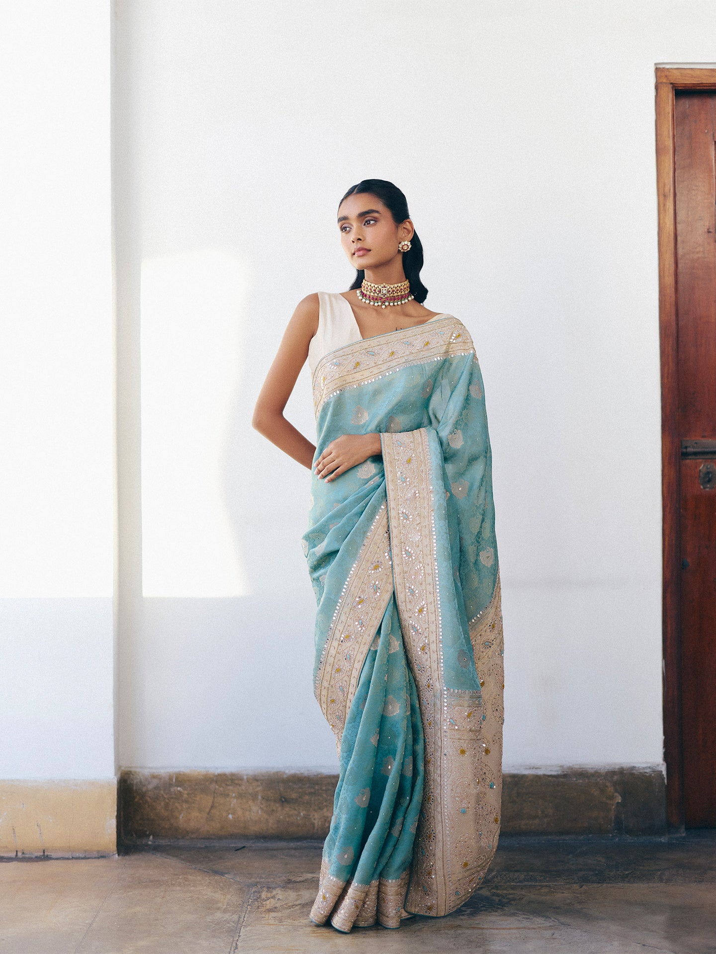 Sky Blue Dola Silk Saree with Dabka, Mirror, and Cutdana Detailing