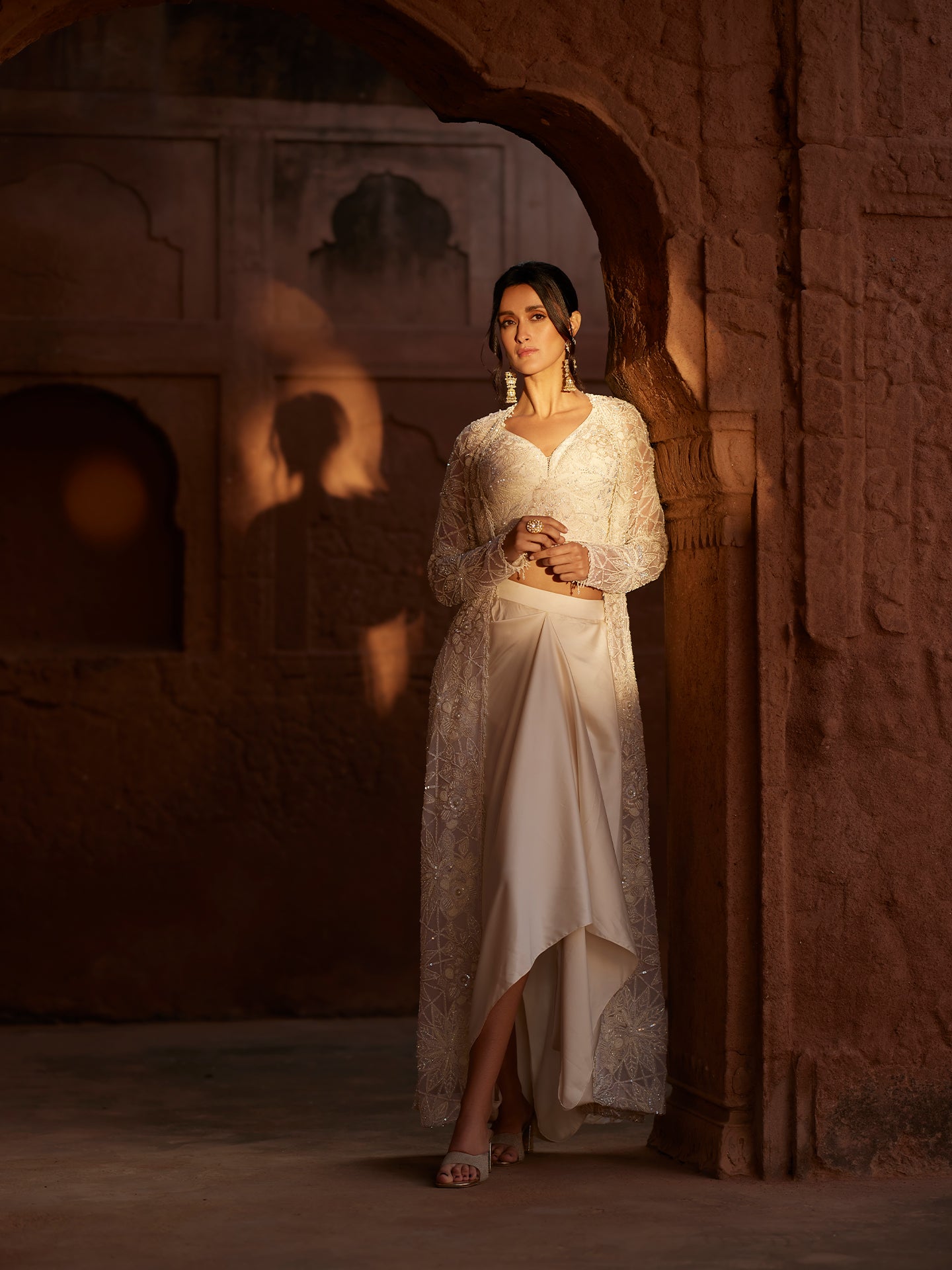 Ivory Indo-Western in Lycra Net with Pearls & Sequence embroidery