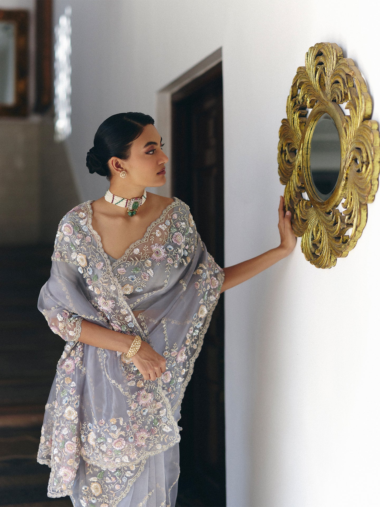 Mauve Organza Saree with Dabka, Sequins, Cutdana, and Pearl Embellishments