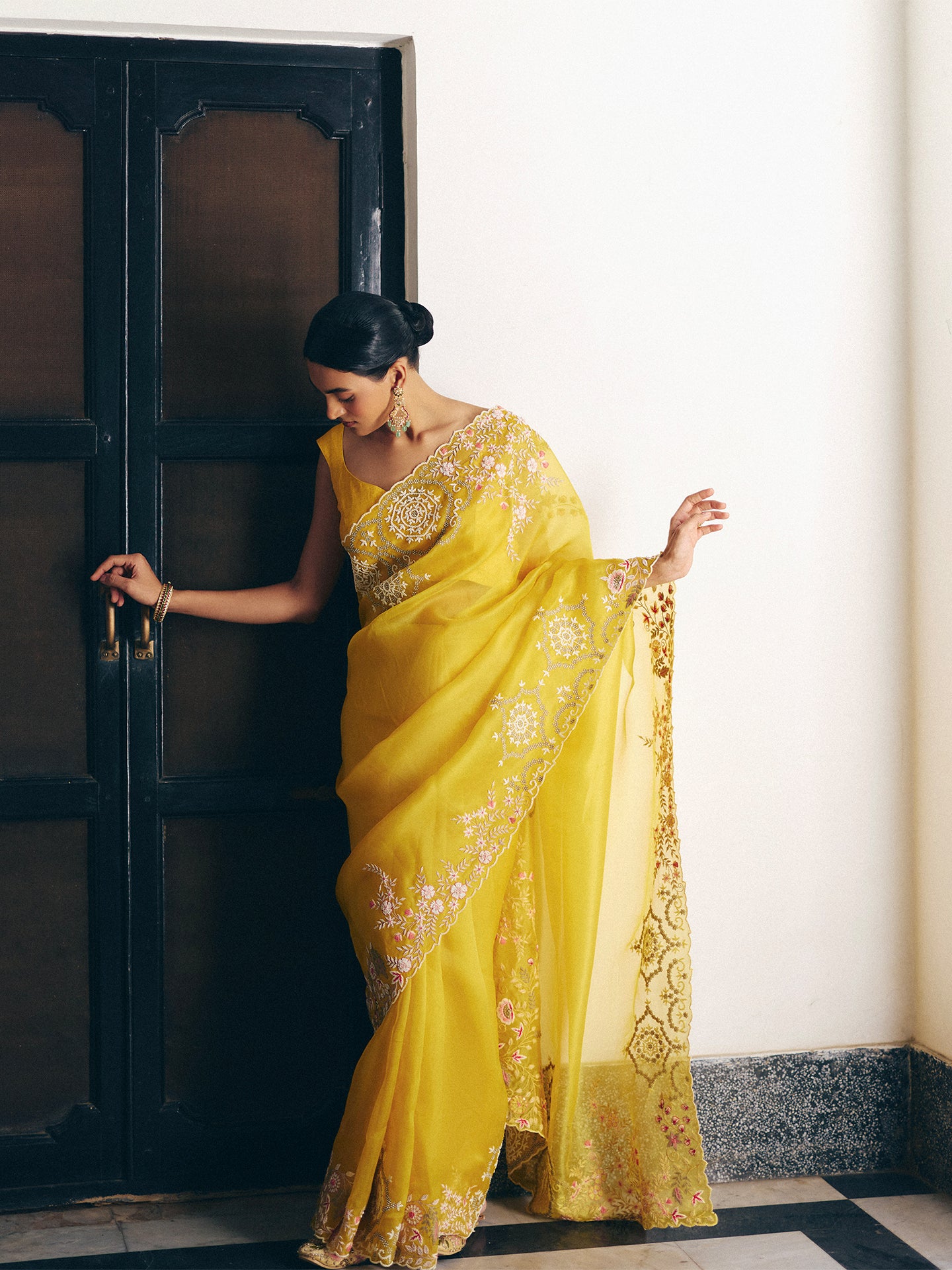 Yellow Organza Saree with Resham and Dabka Embellishments