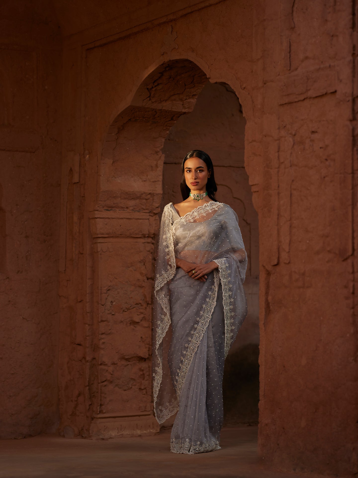 Grey Saree in Pure Tissue Silk With Pearls & Cutwork Border