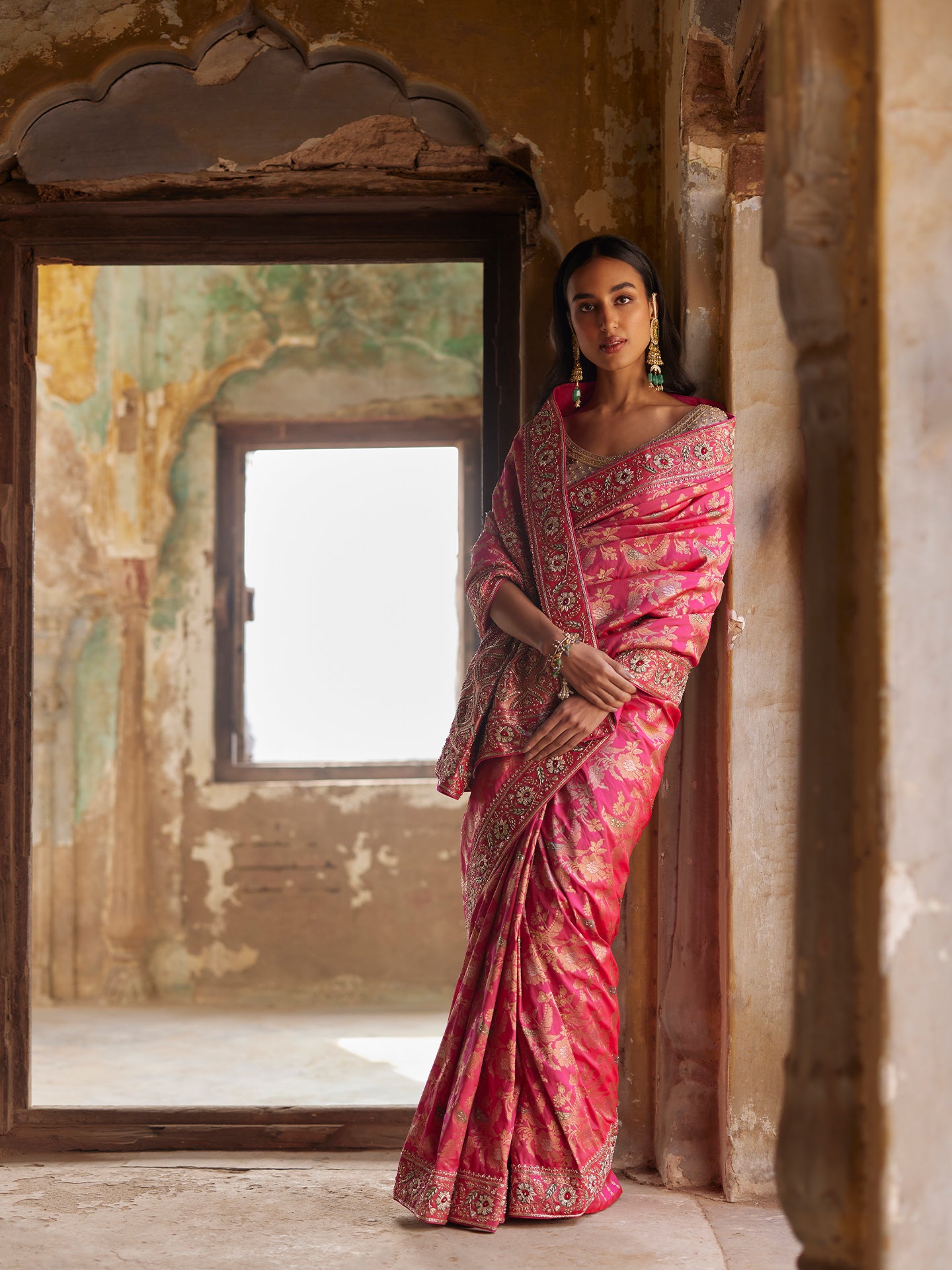 Mazanta Pink Saree in Banarsi Silk with Dabka & Sequence Work embroidery