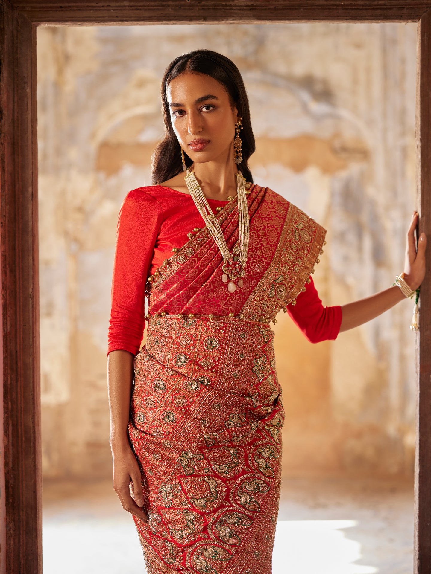 Red Saree in Kanjivaram Silk with Zardozi, Katdana & Sequence Work embroidery