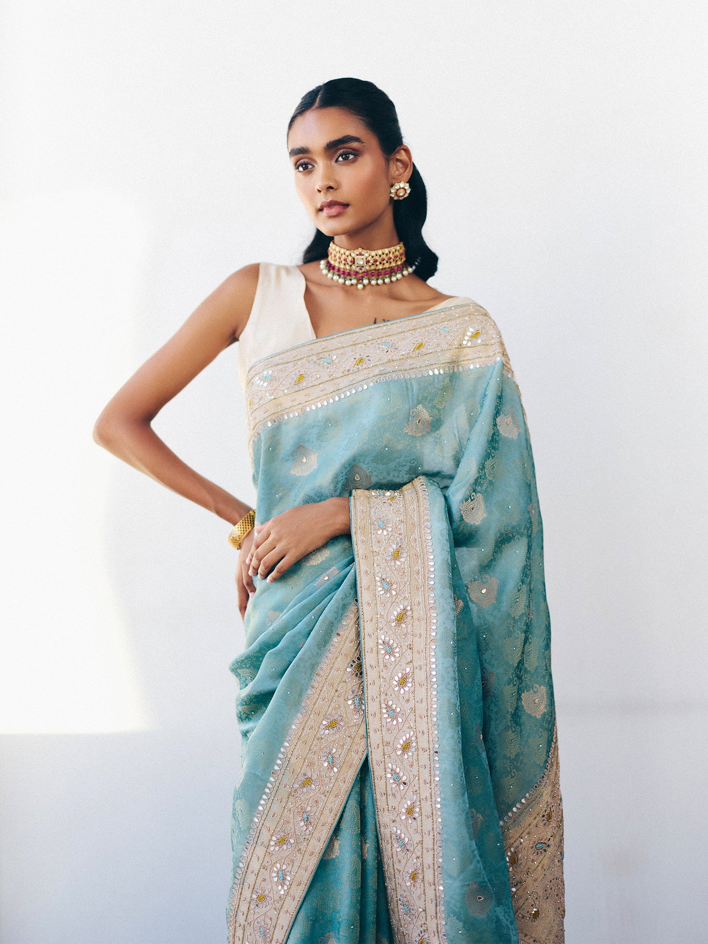 Sky Blue Dola Silk Saree with Dabka, Mirror, and Cutdana Detailing