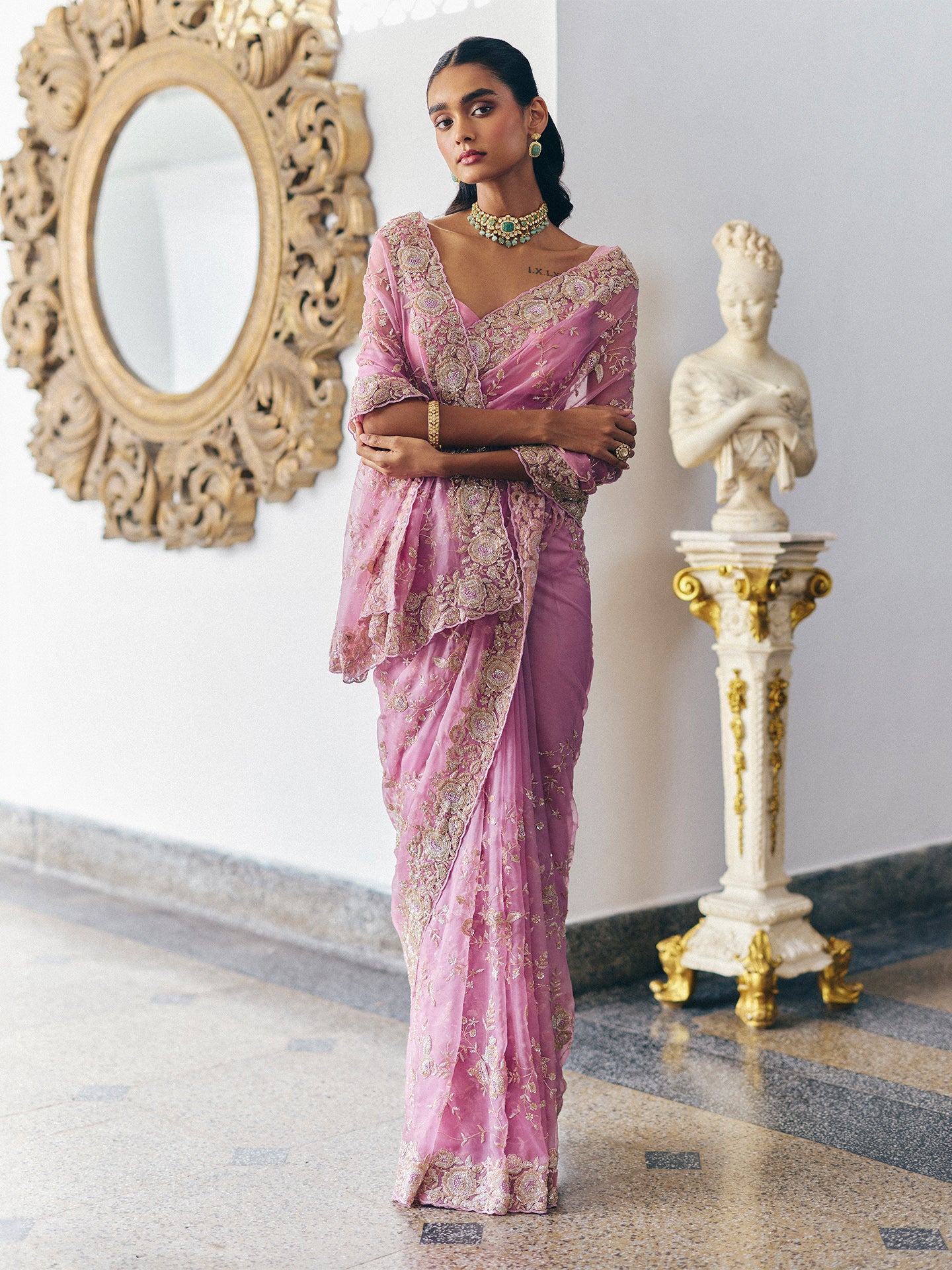 Mauve Organza Saree with Dabka, Resham, Cutdana, and Sequin Work