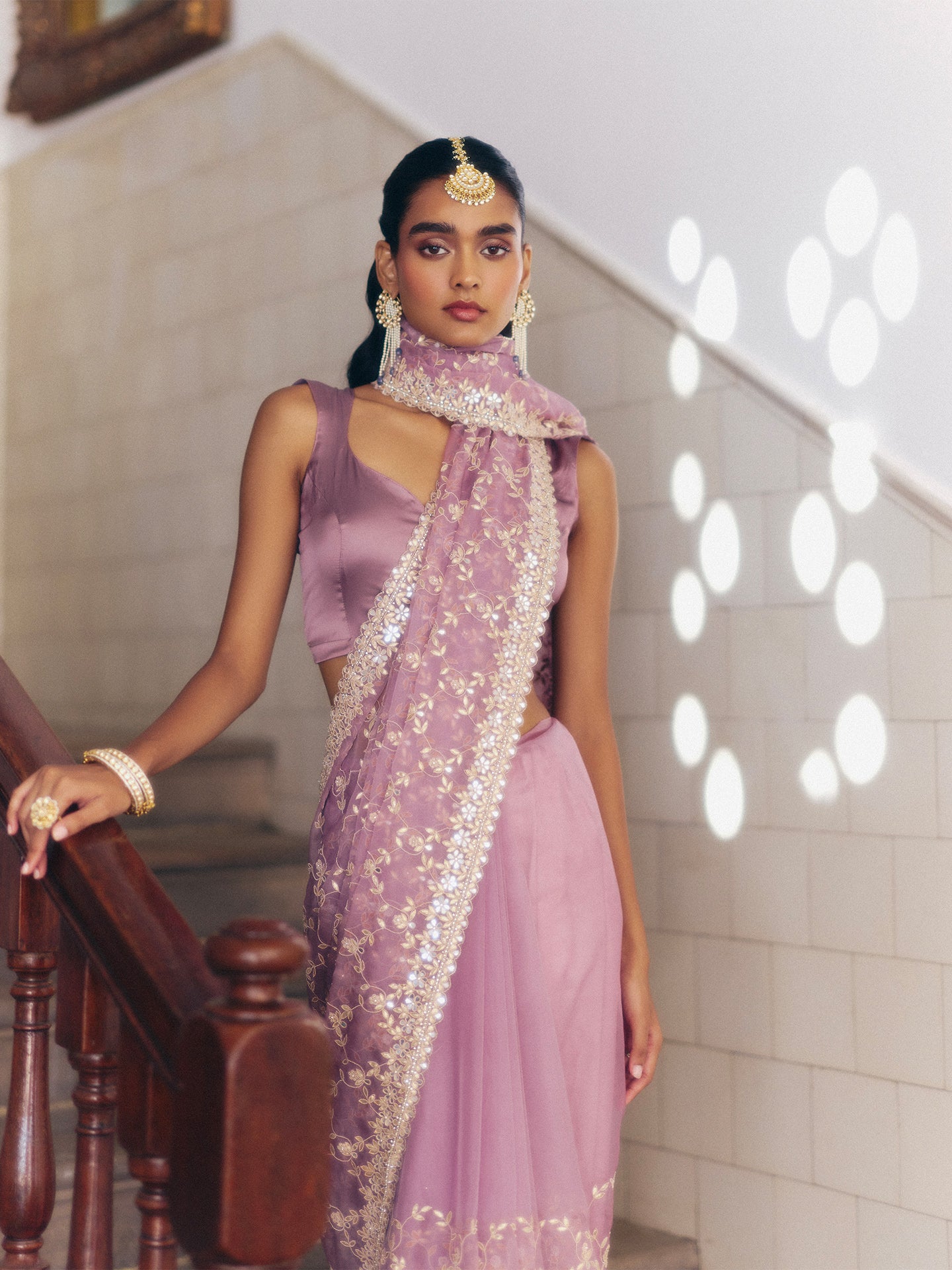 Onion Pink Organza Saree with Dabka Gotta Mirror and Pearl Detailing