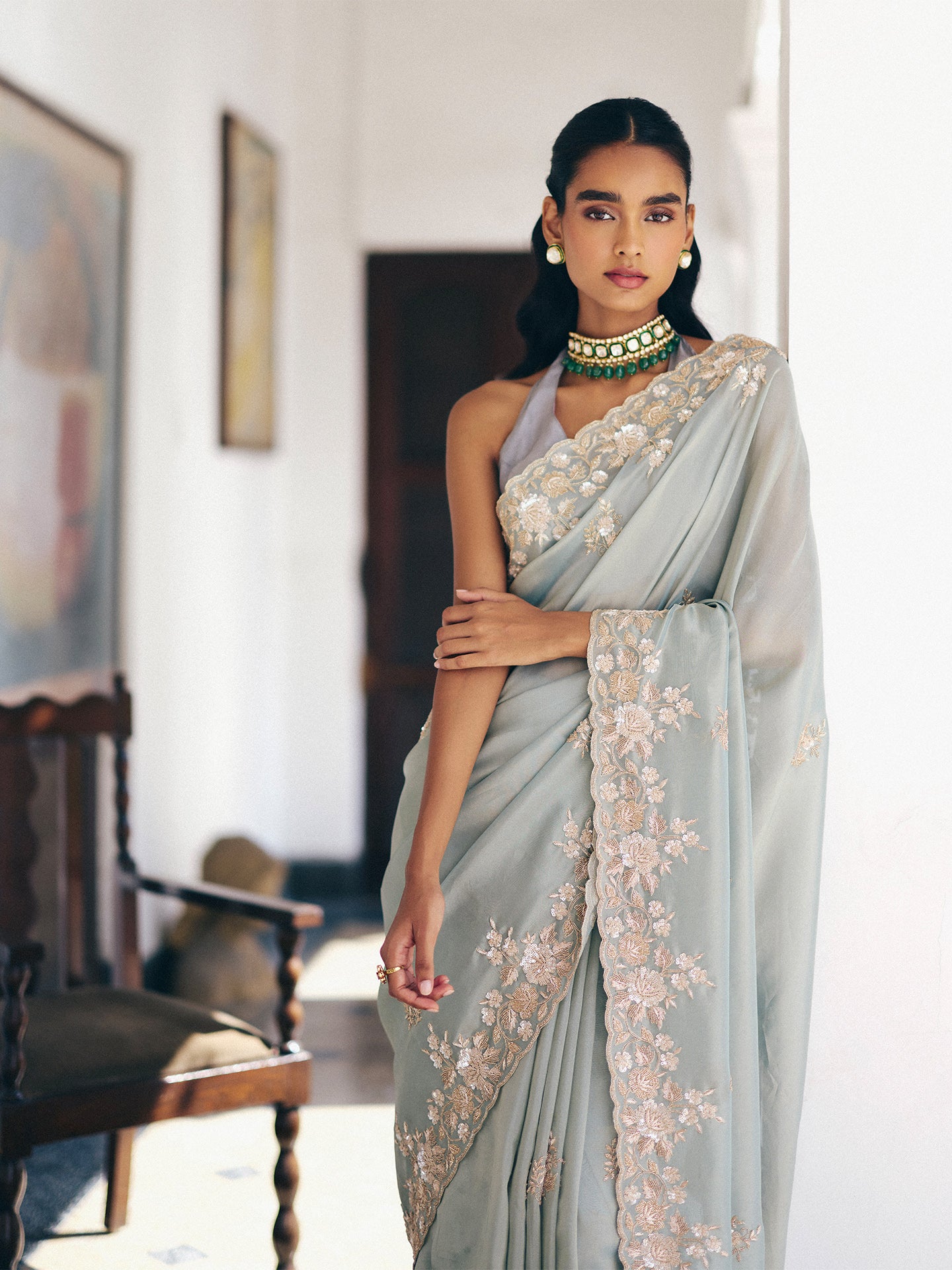 Sky Blue Tissue Silk Saree with Dabka, Cutdana, and Sequin Work