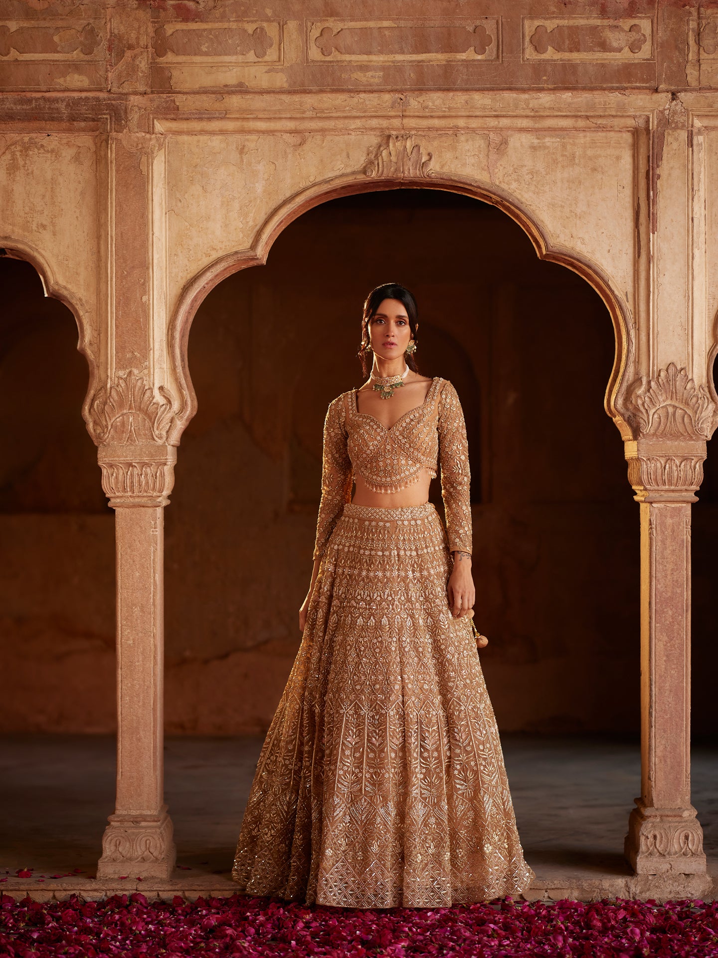 Brownish copper Lehenga in net with Katdana, Outing Dabka, and Pears full Hand Work embroidery