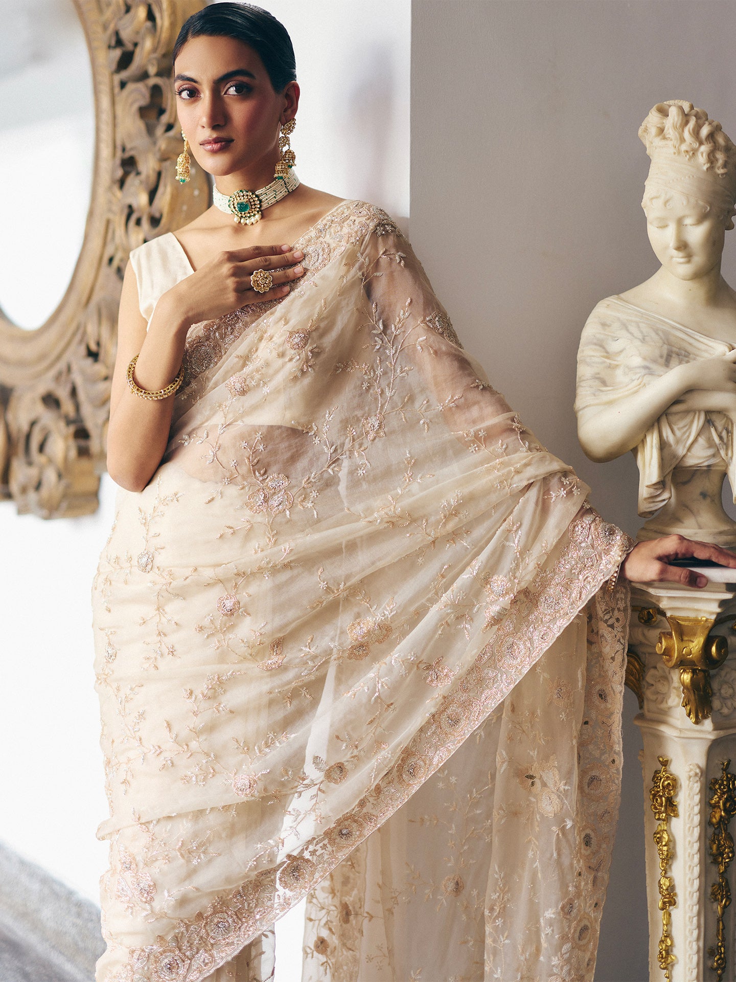 Beige Organza Saree with Dabka, Resham, and Sequin Work