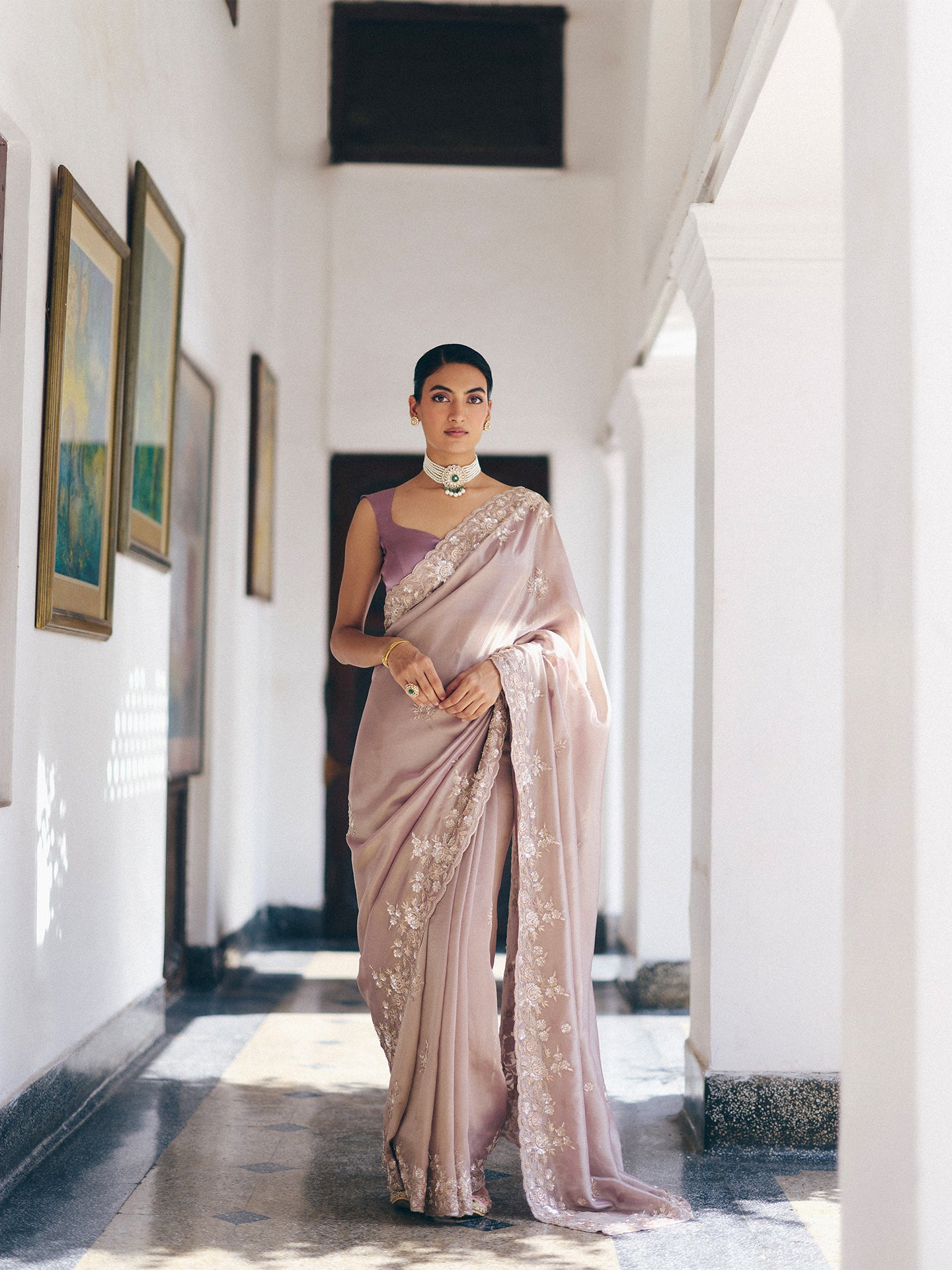 Light Mauve Tissue Saree with Dabka, Sequins, and Cutdana Work