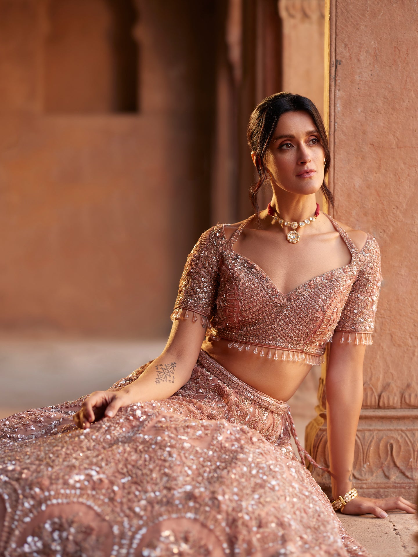 Rose gold Lehenga in net with Katdana & Sequence Jaal embroidery