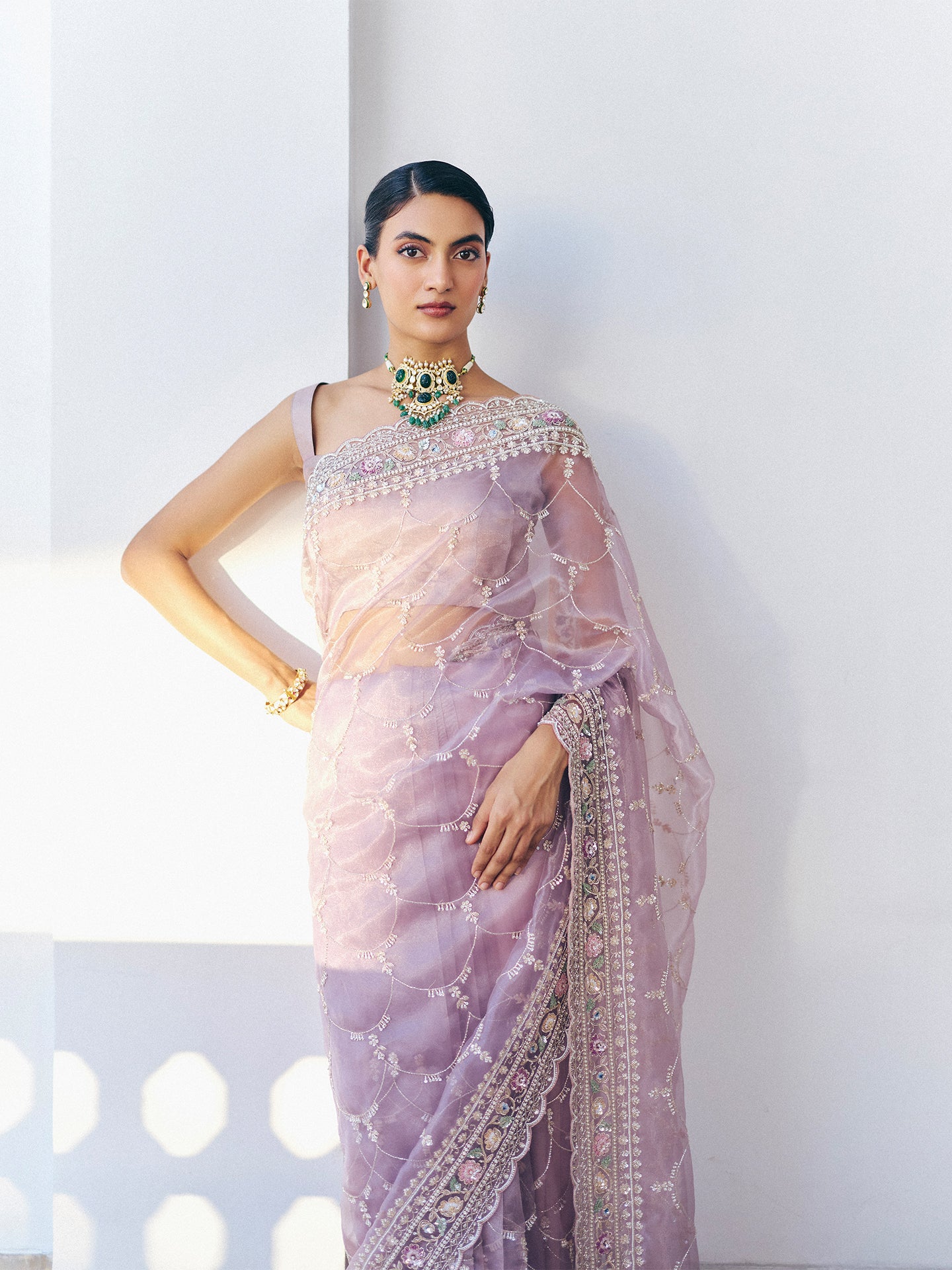 Light Mauve Organza Saree with Sequence, Cutdana, and Pearl Work