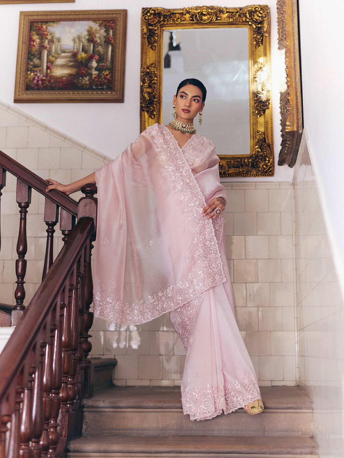 Pink Tissue Saree with Cutdana Pearl Dabka, and Sequin Work