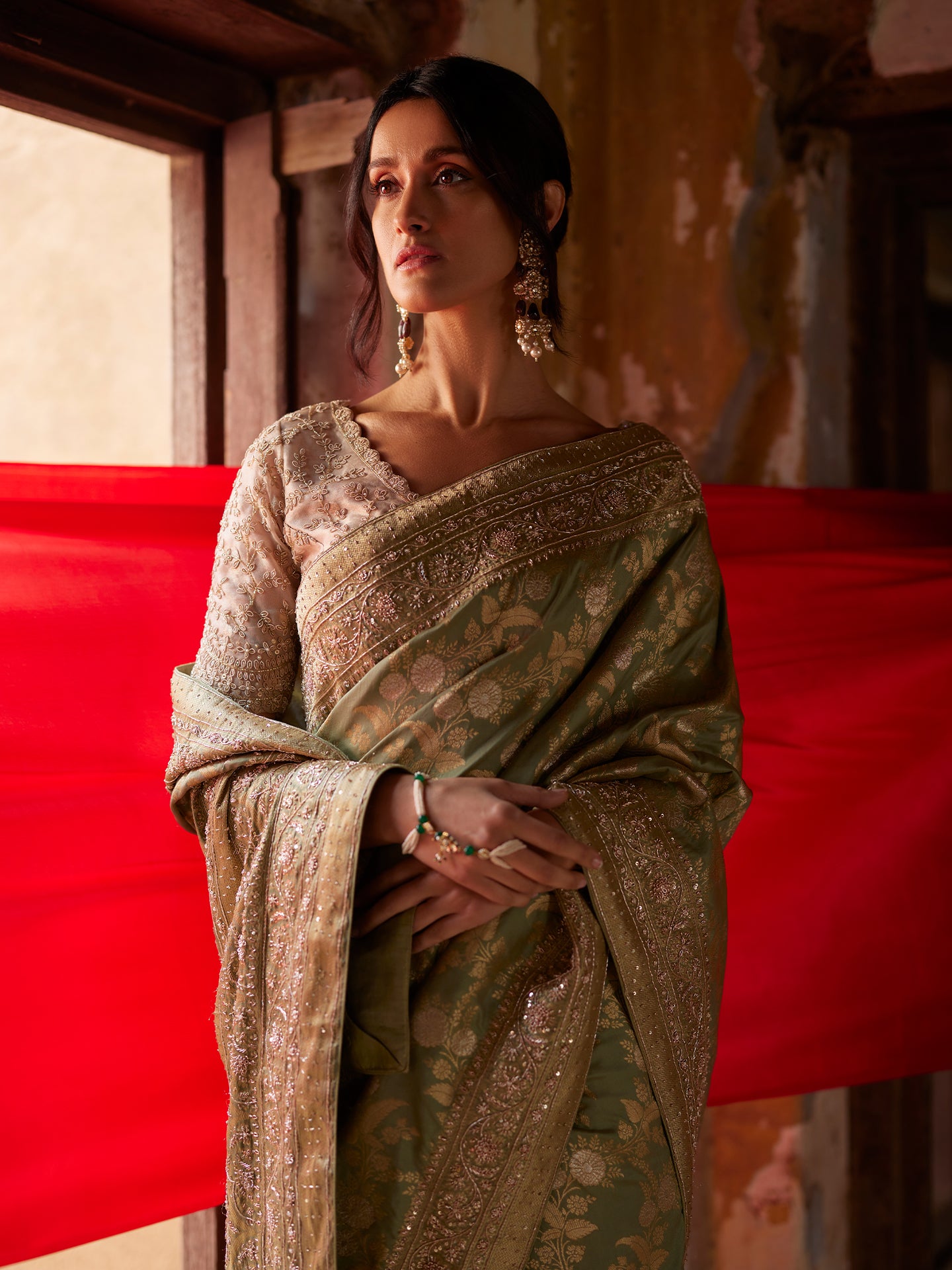 Pista Green Saree in Banarsi Silk with Dabka & Sequence Work embroidery