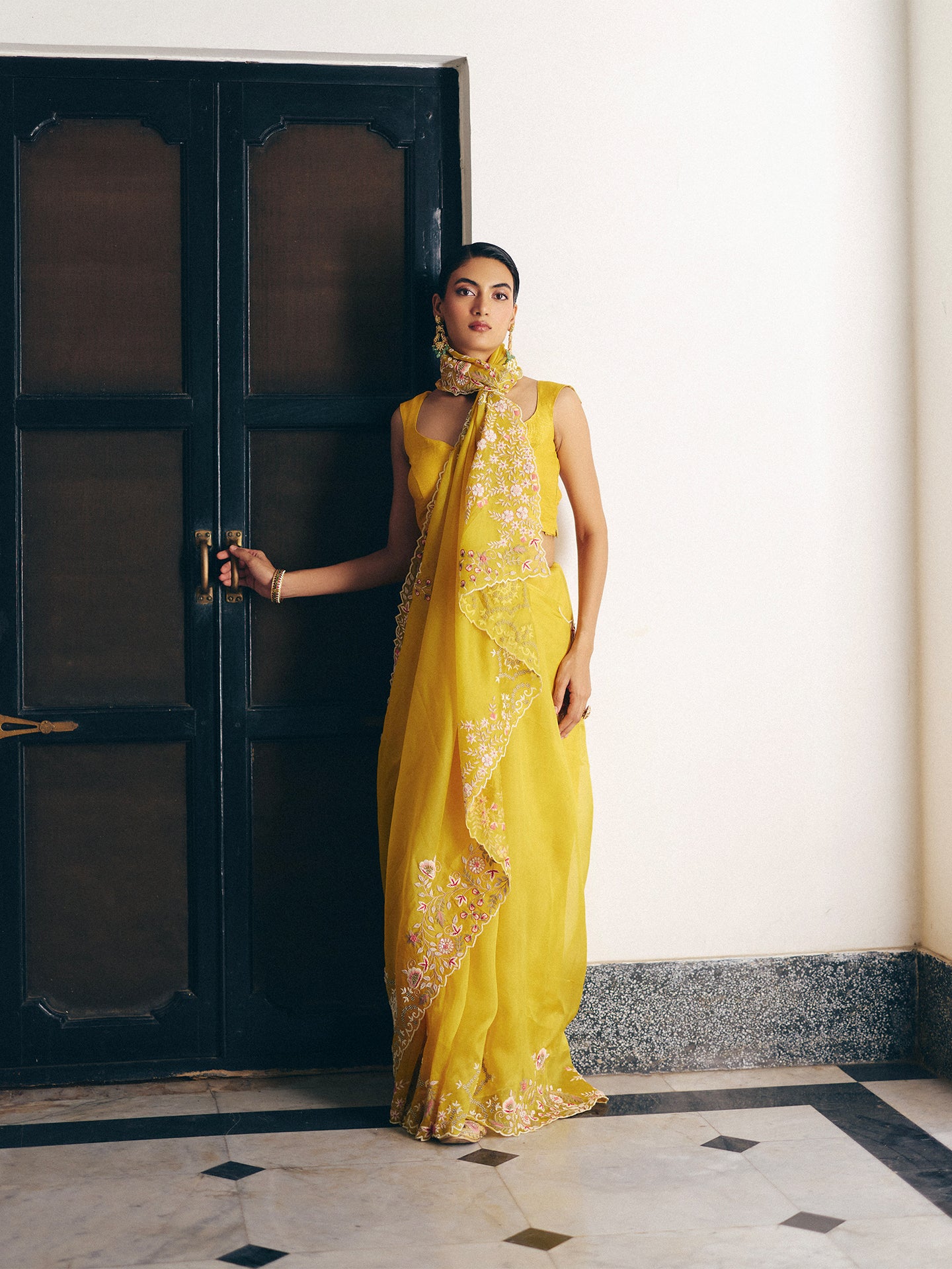 Yellow Organza Saree with Resham and Dabka Embellishments